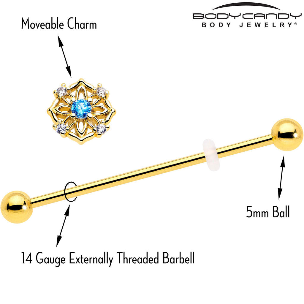 BodyCandy 14G Blue CZ Gem Gold Tone Flower Ring Industrial Barbell 38mm — side view