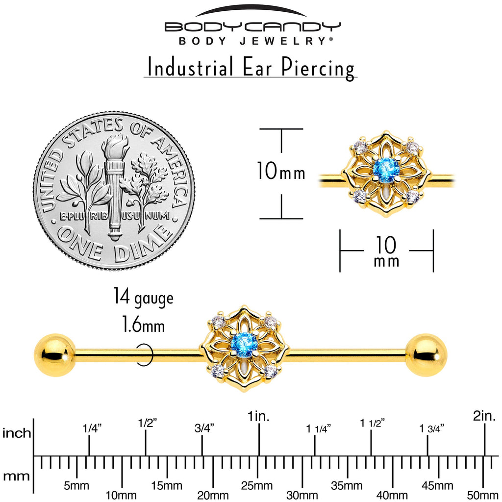 BodyCandy 14G Blue CZ Gem Gold Tone Flower Ring Industrial Barbell 38mm — back view