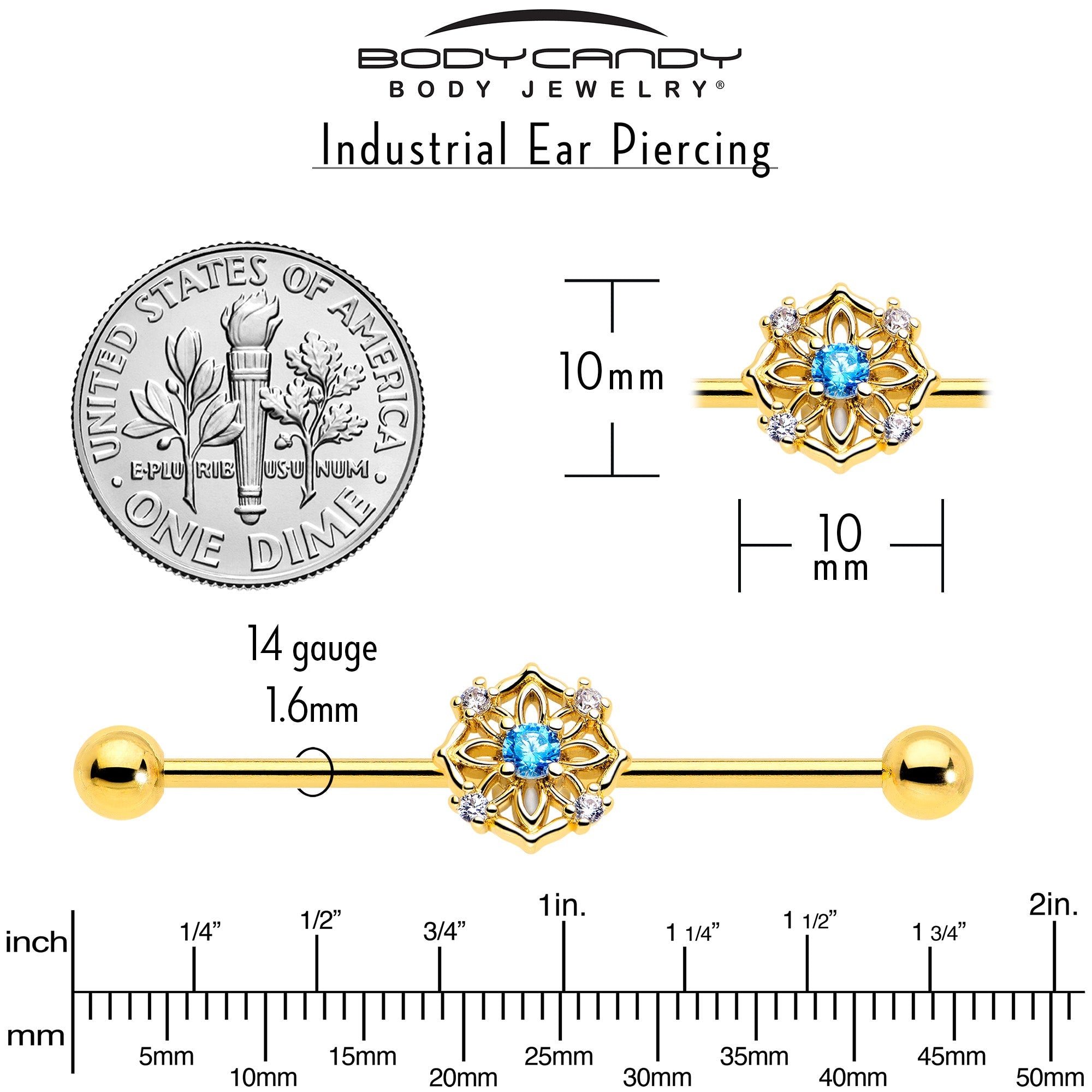 BodyCandy 14G Blue CZ Gem Gold Tone Flower Ring Industrial Barbell 38mm — back view