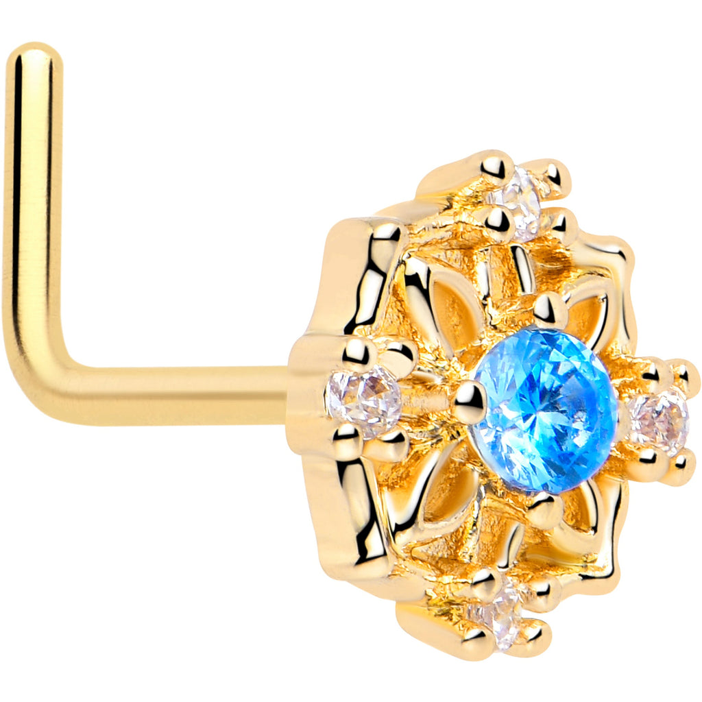 BodyCandy 20G 7mm Blue CZ Gem Gold Tone Flower Ring L Shape Nose Ring — main product shot