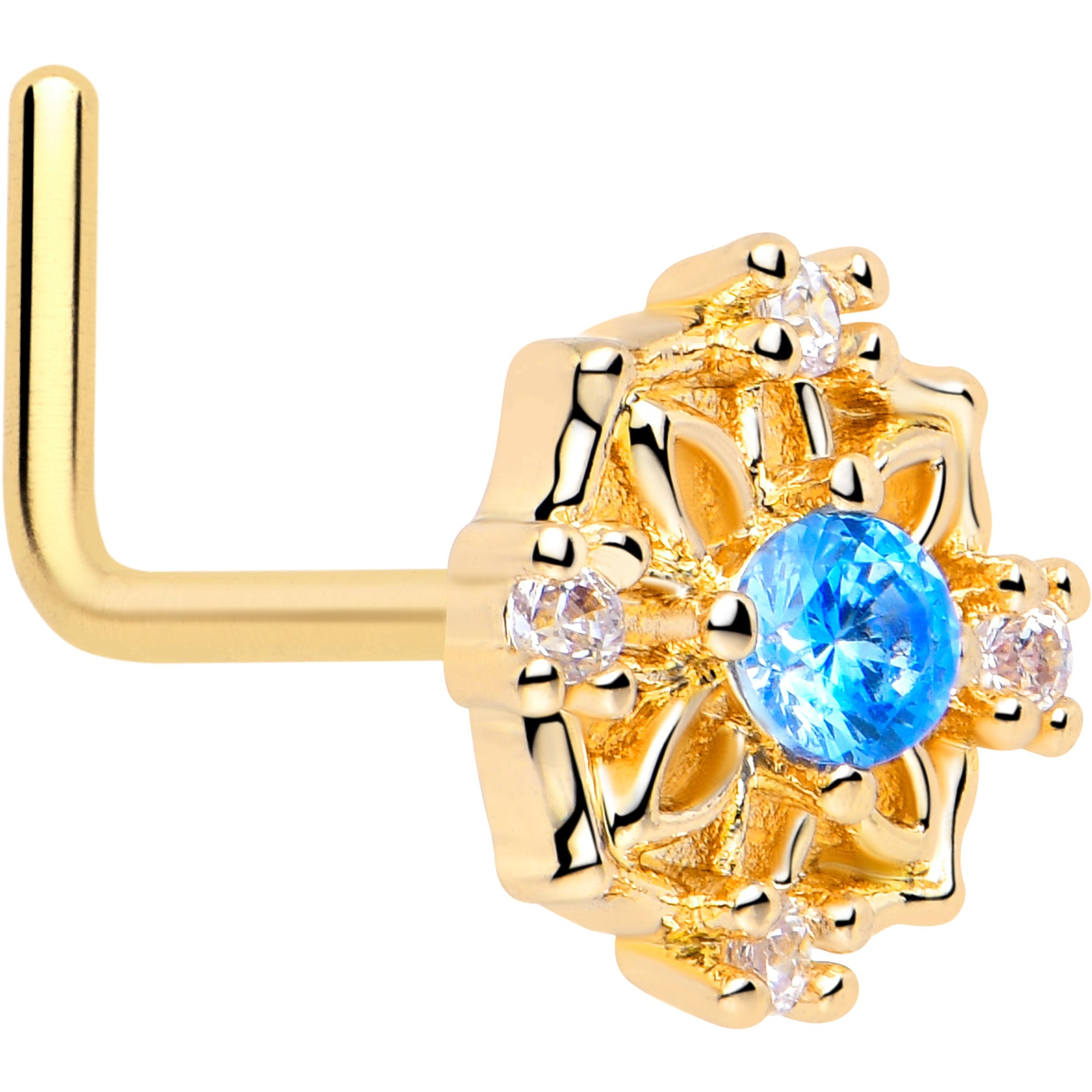 BodyCandy 20G 7mm Blue CZ Gem Gold Tone Flower Ring L Shape Nose Ring — main product shot