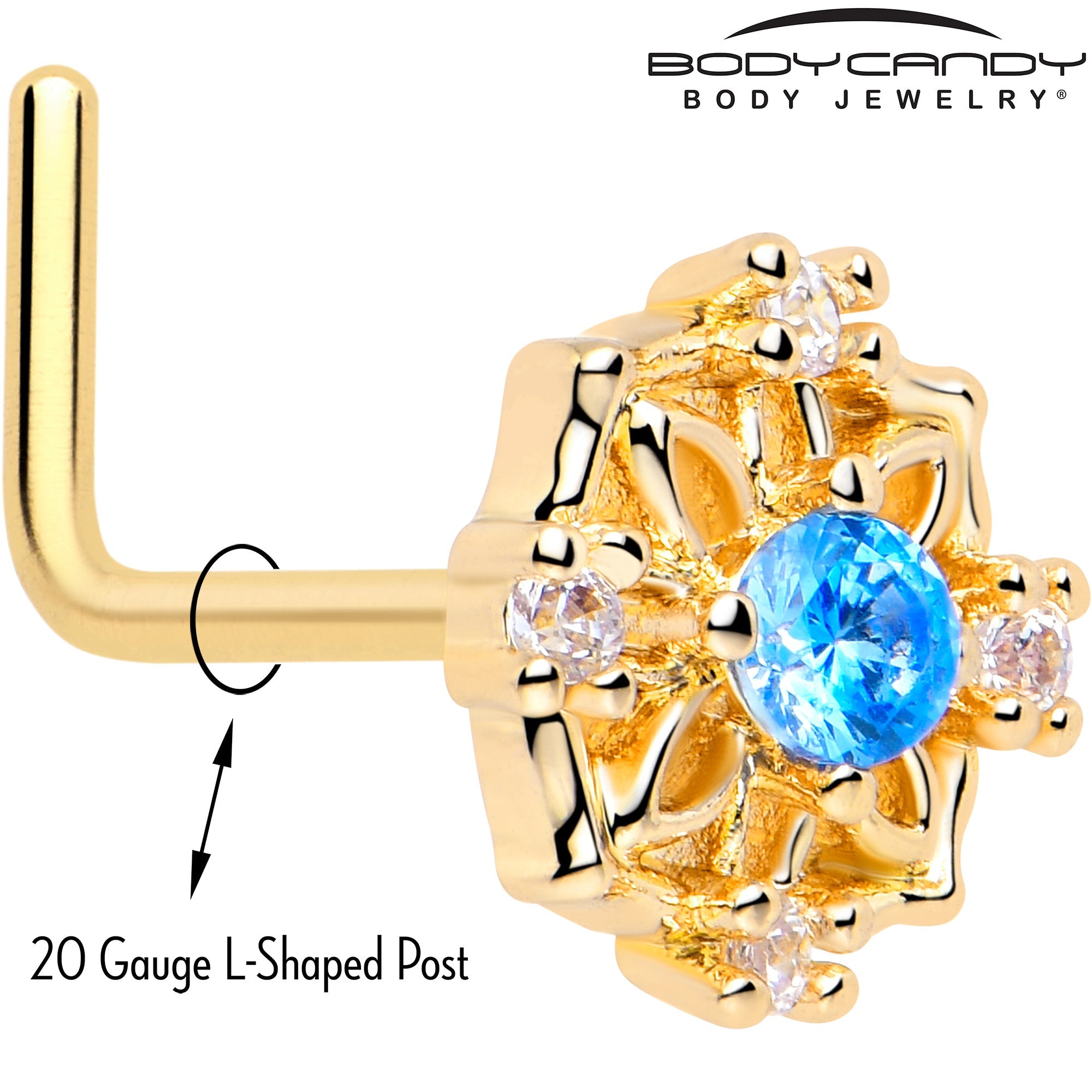 BodyCandy 20G 7mm Blue CZ Gem Gold Tone Flower Ring L Shape Nose Ring — detail close-up