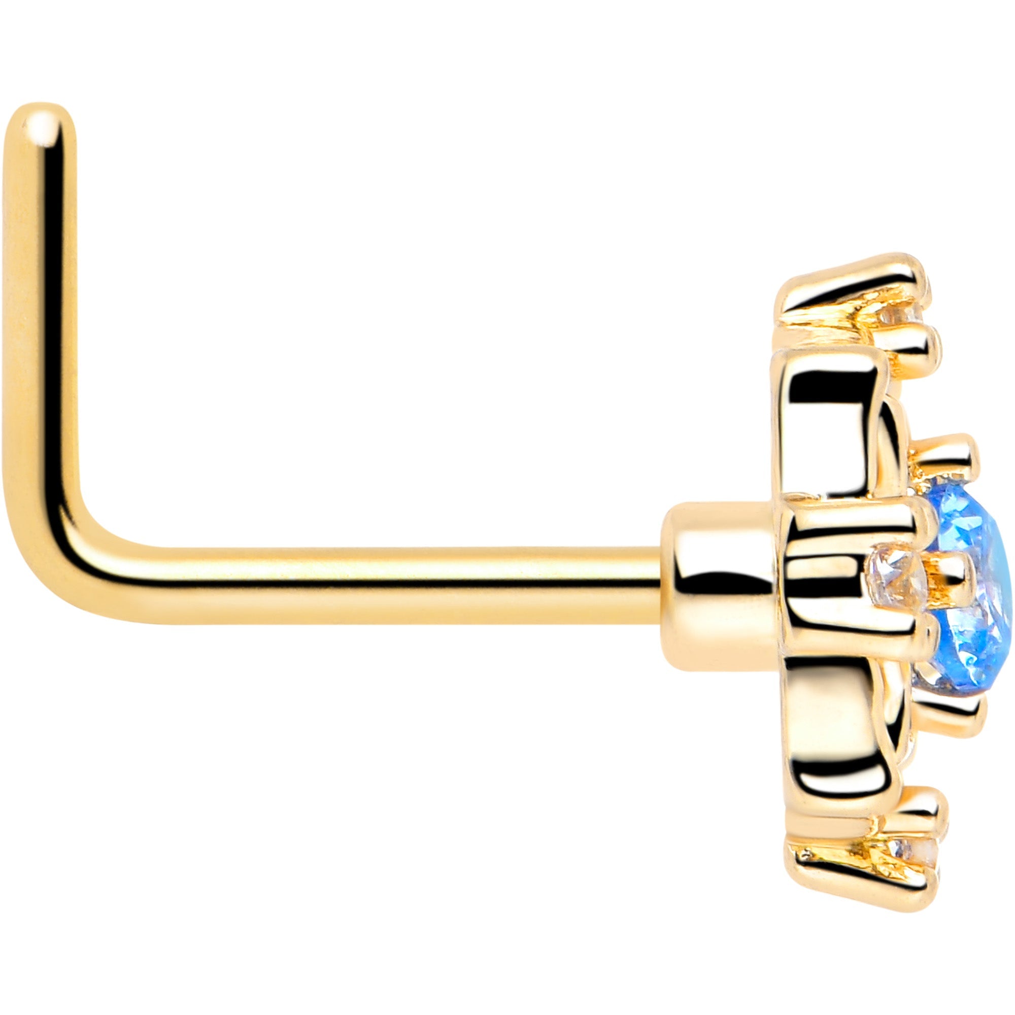BodyCandy 20G 7mm Blue CZ Gem Gold Tone Flower Ring L Shape Nose Ring — side view