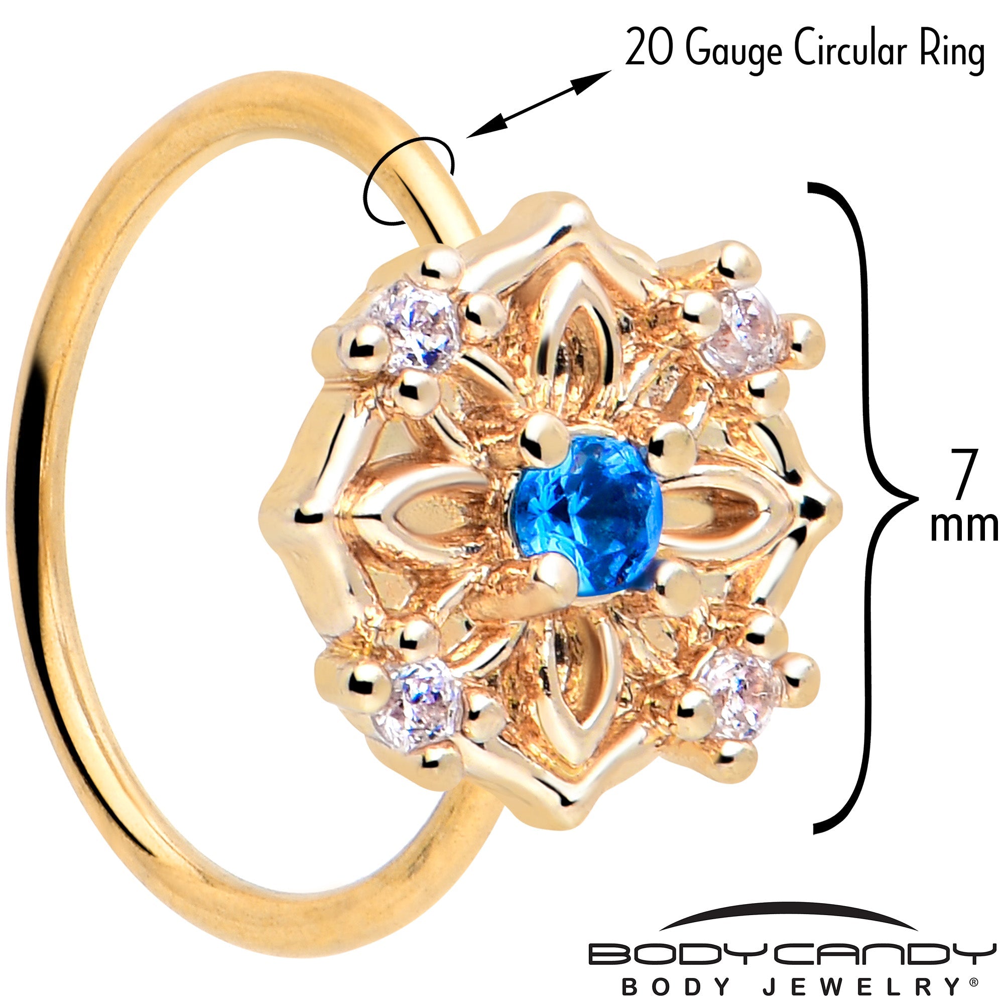 BodyCandy 20G 5/16 Blue CZ Gem Gold Tone Flower Ring Nose Hoop — detail close-up