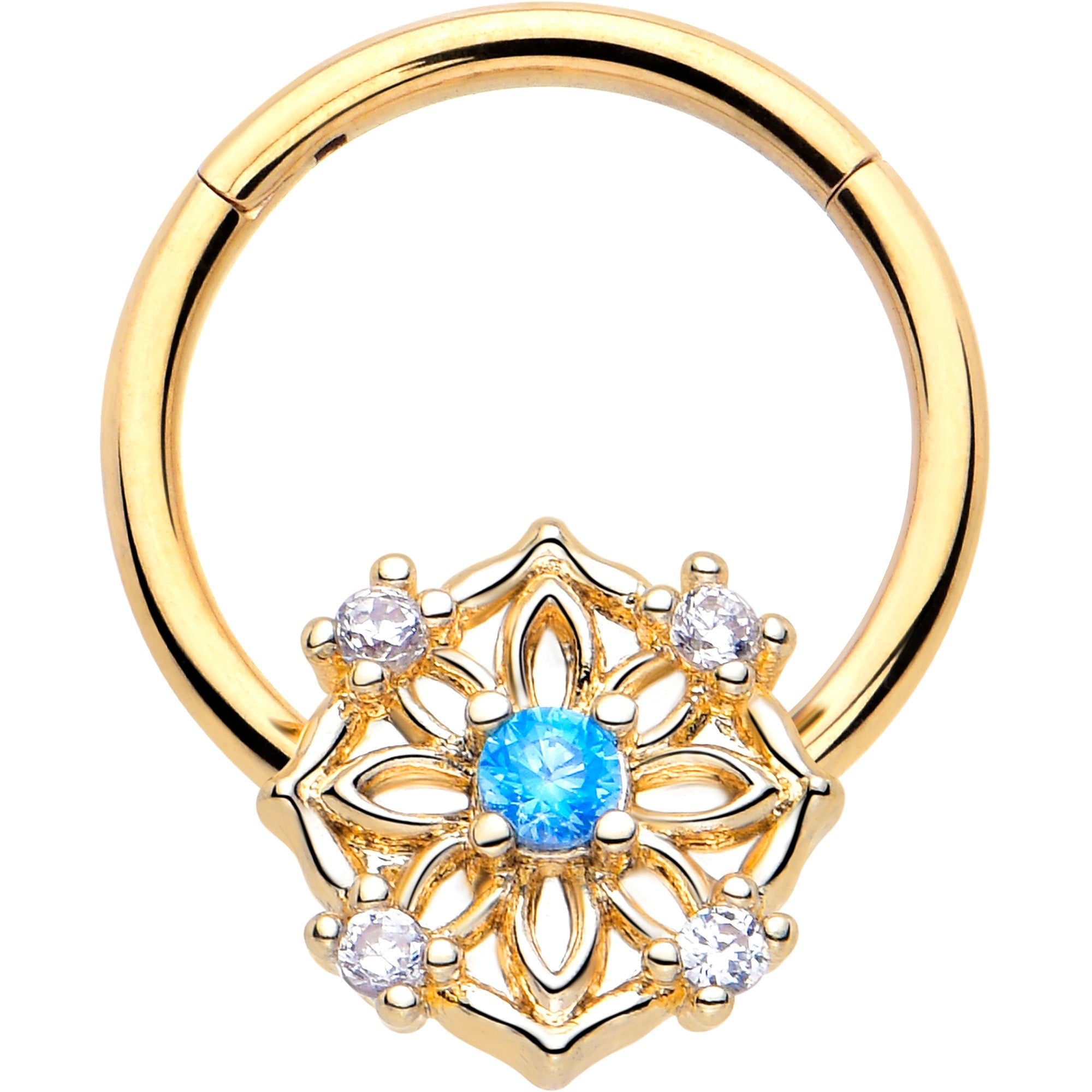 BodyCandy 16G 3/8 Blue CZ Gem Gold Tone Flower Ring Hinged Segment Ring — main product shot