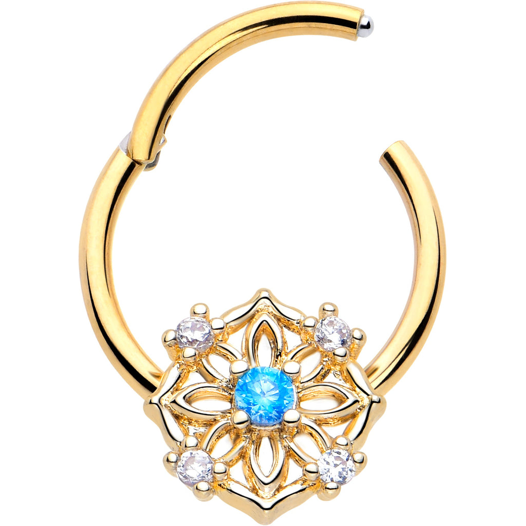 BodyCandy 16G 3/8 Blue CZ Gem Gold Tone Flower Ring Hinged Segment Ring — detail close-up