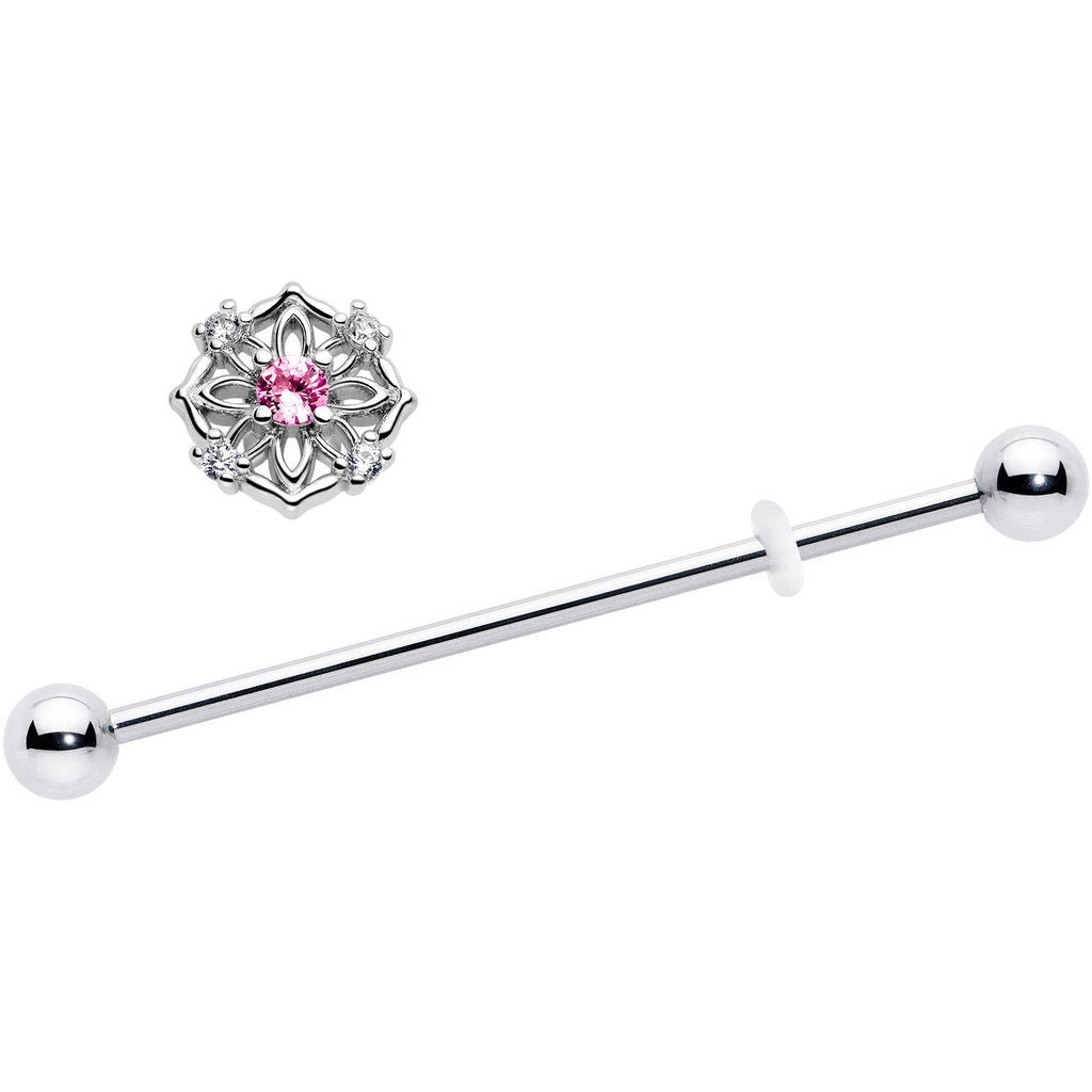 BodyCandy 14G Pink CZ Gem Flower Circle Industrial Barbell 38mm — detail close-up