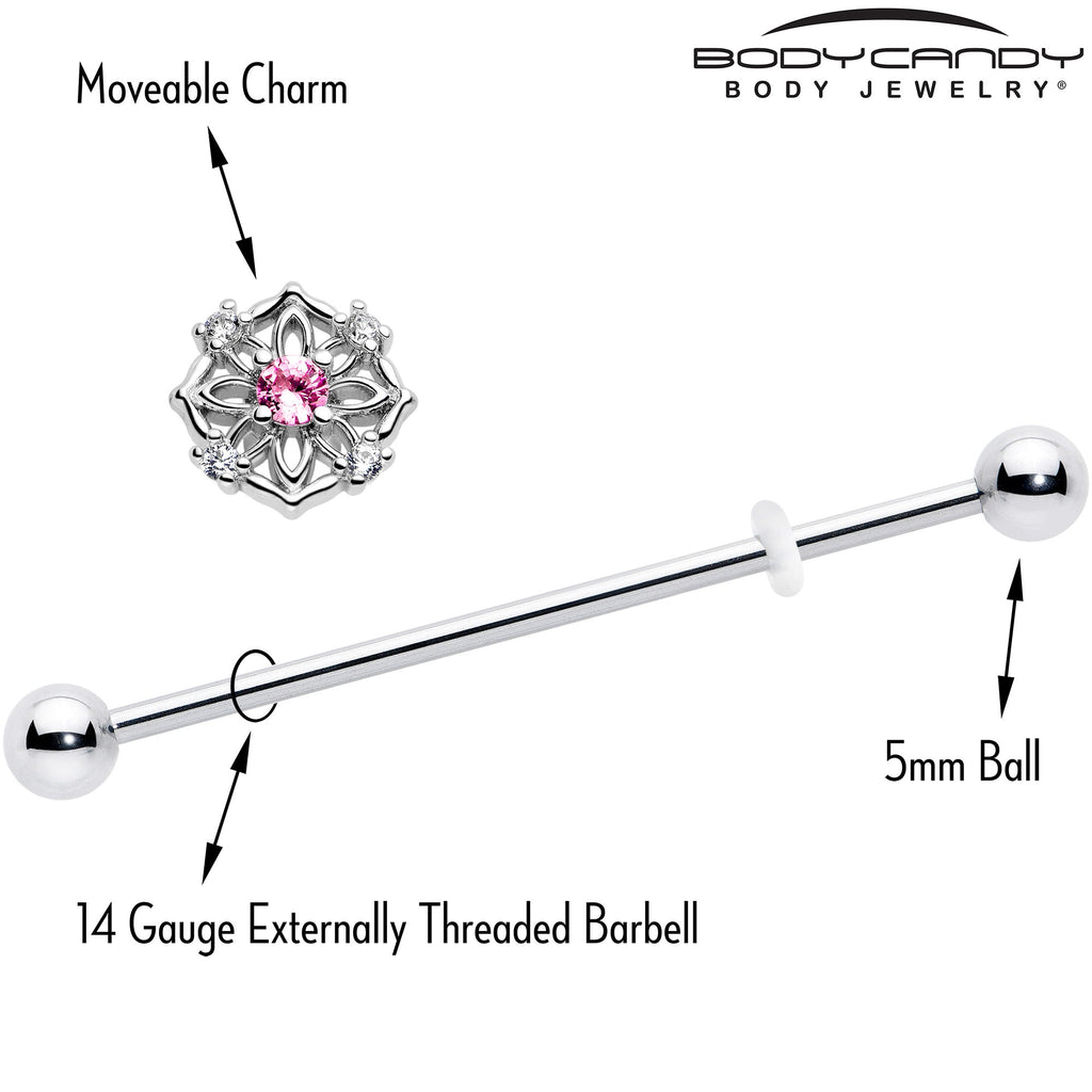 BodyCandy 14G Pink CZ Gem Flower Circle Industrial Barbell 38mm — side view