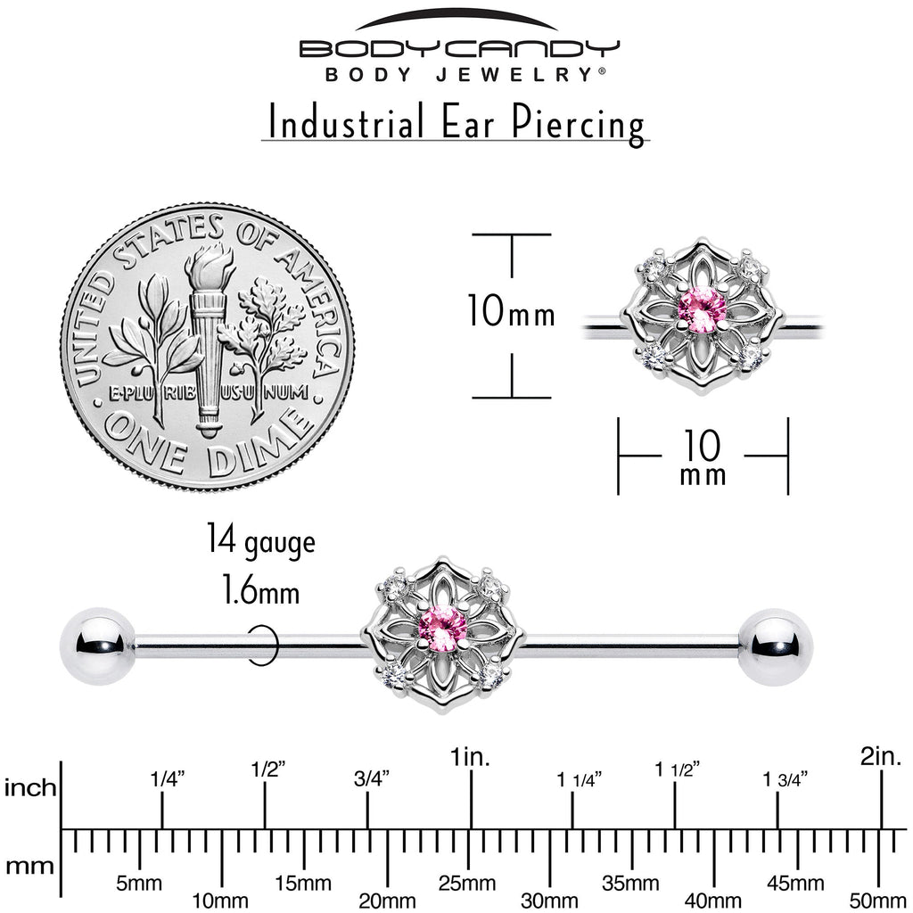 BodyCandy 14G Pink CZ Gem Flower Circle Industrial Barbell 38mm — back view
