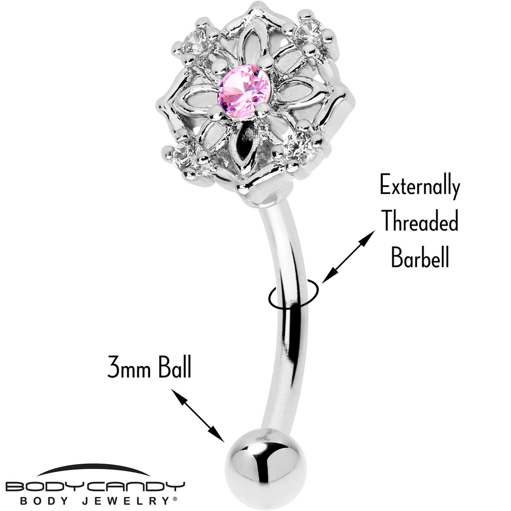BodyCandy 16G 5/16 Pink CZ Gem Flower Circle Curved Eyebrow Ring — detail close-up