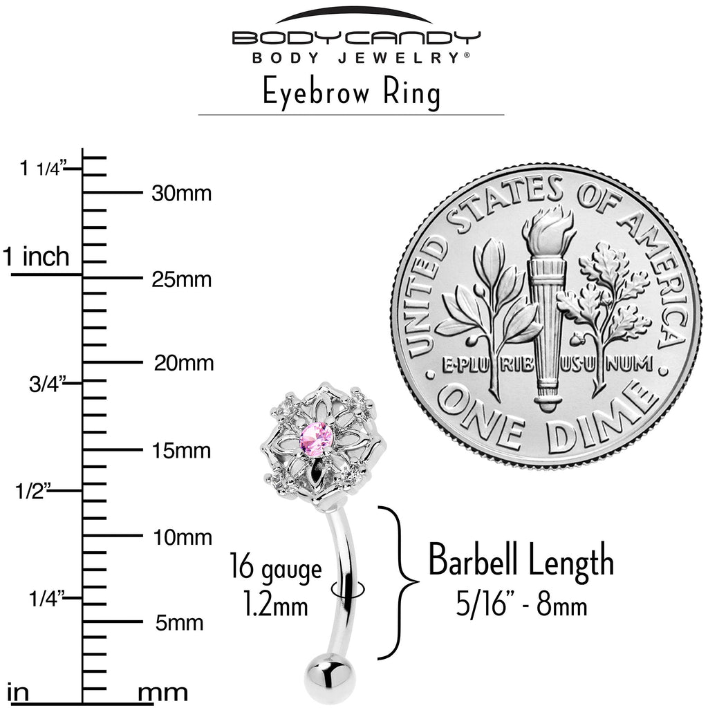 BodyCandy 16G 5/16 Pink CZ Gem Flower Circle Curved Eyebrow Ring — side view