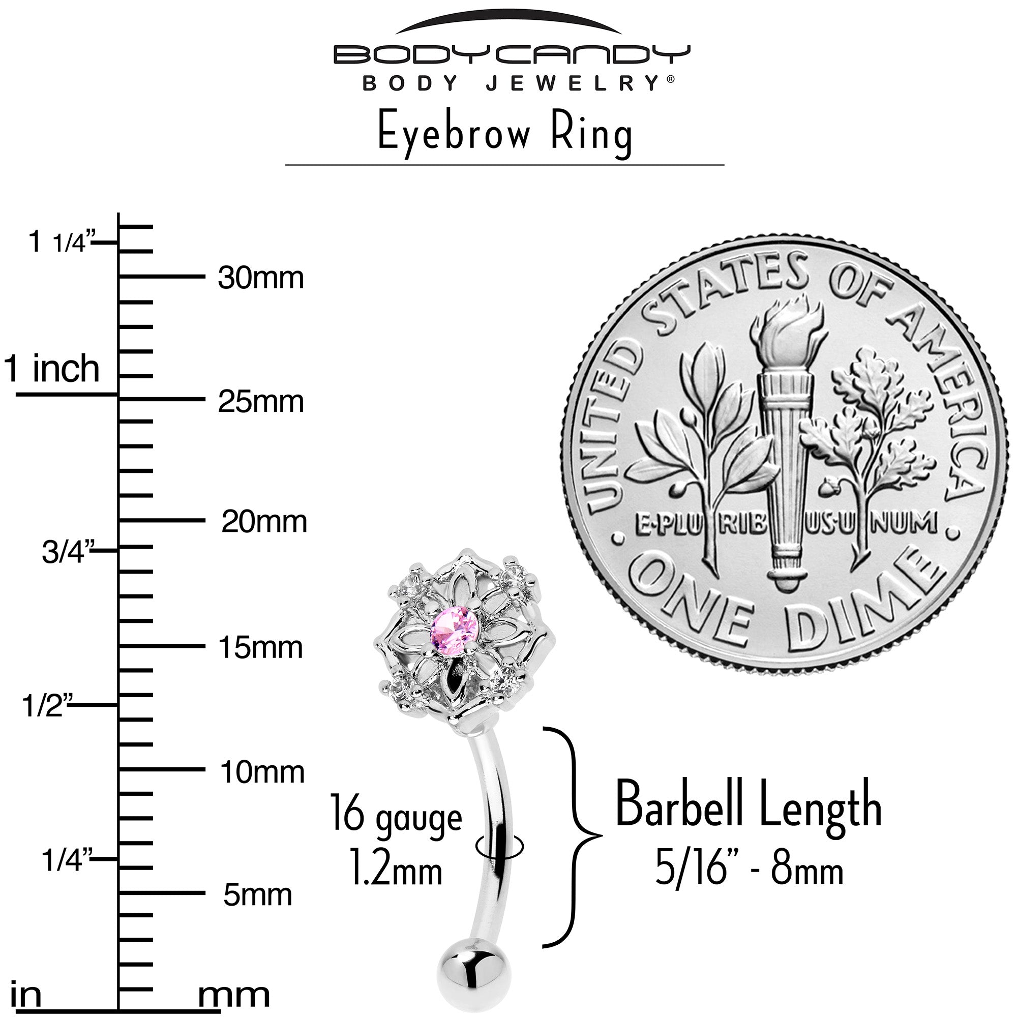 BodyCandy 16G 5/16 Pink CZ Gem Flower Circle Curved Eyebrow Ring — side view
