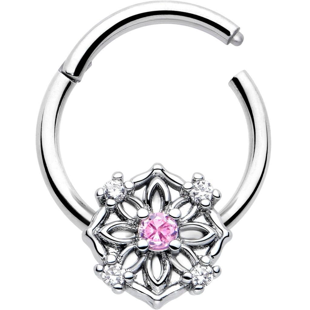 BodyCandy 16G 3/8 Pink CZ Gem Flower Circle Hinged Segment Ring — detail close-up