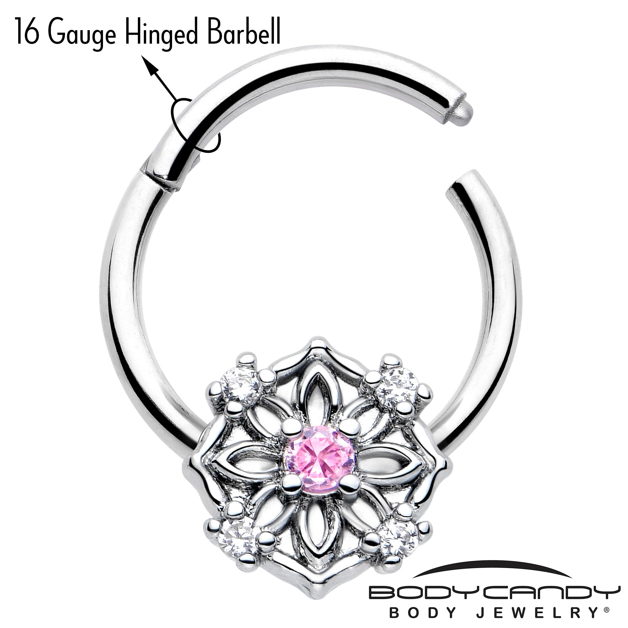 BodyCandy 16G 3/8 Pink CZ Gem Flower Circle Hinged Segment Ring — lifestyle context