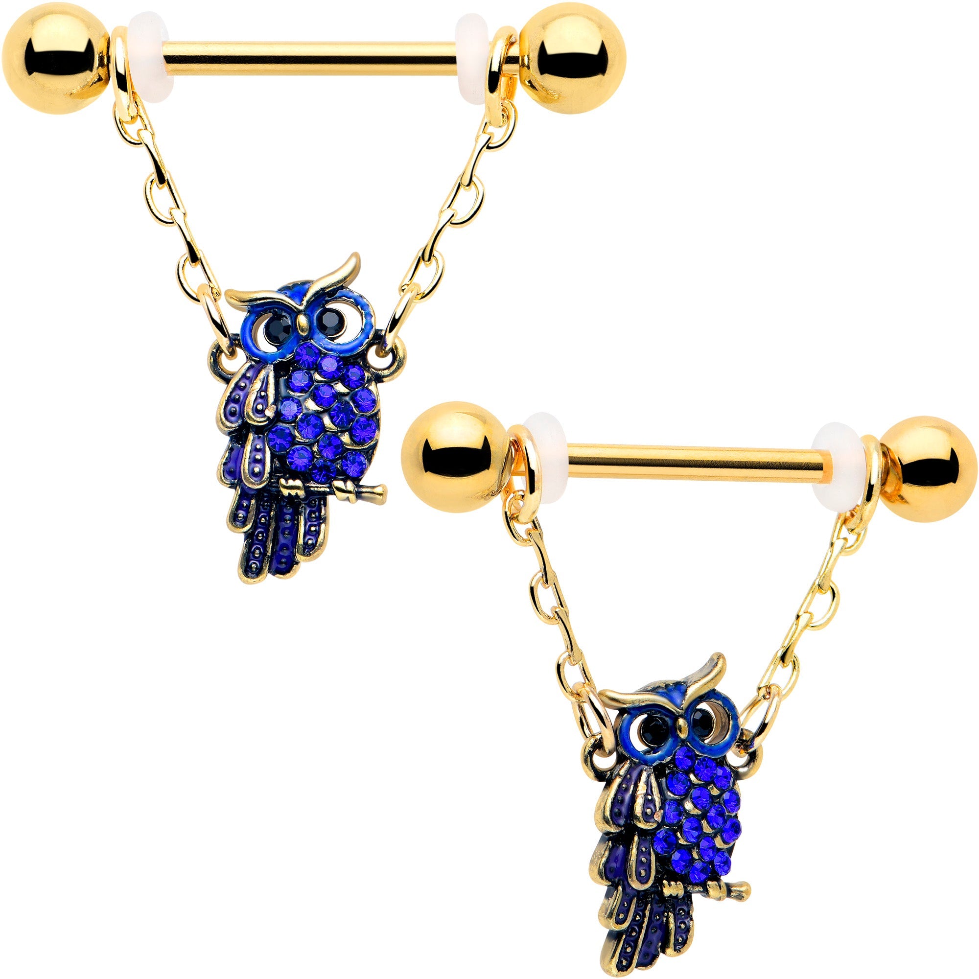 BodyCandy 14G 9/16 Blue Gem Gold Tone Sky Owl Chain Dangle Nipple Ring Set — main product shot