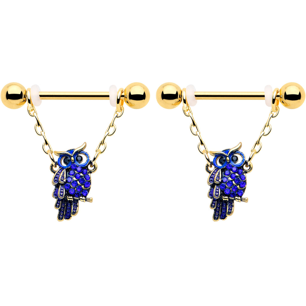 BodyCandy 14G 9/16 Blue Gem Gold Tone Sky Owl Chain Dangle Nipple Ring Set — detail close-up