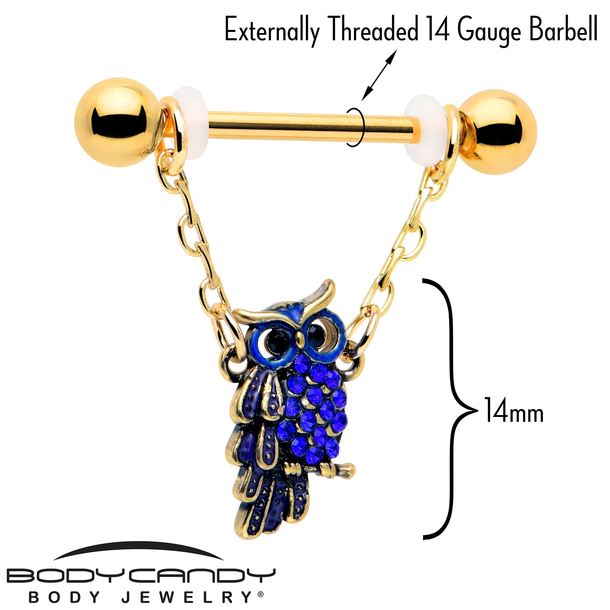 BodyCandy 14G 9/16 Blue Gem Gold Tone Sky Owl Chain Dangle Nipple Ring Set — lifestyle context
