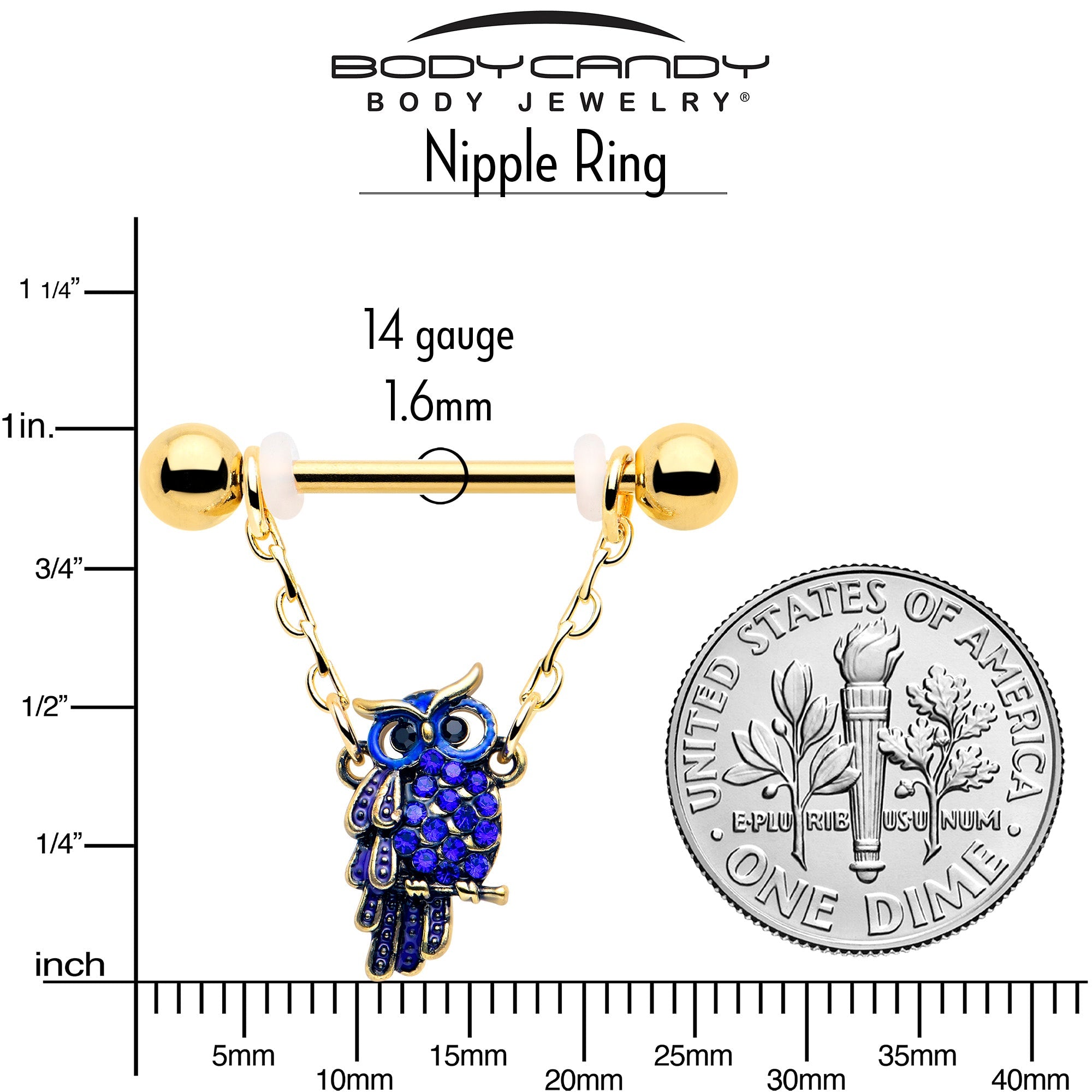 BodyCandy 14G 9/16 Blue Gem Gold Tone Sky Owl Chain Dangle Nipple Ring Set — side view