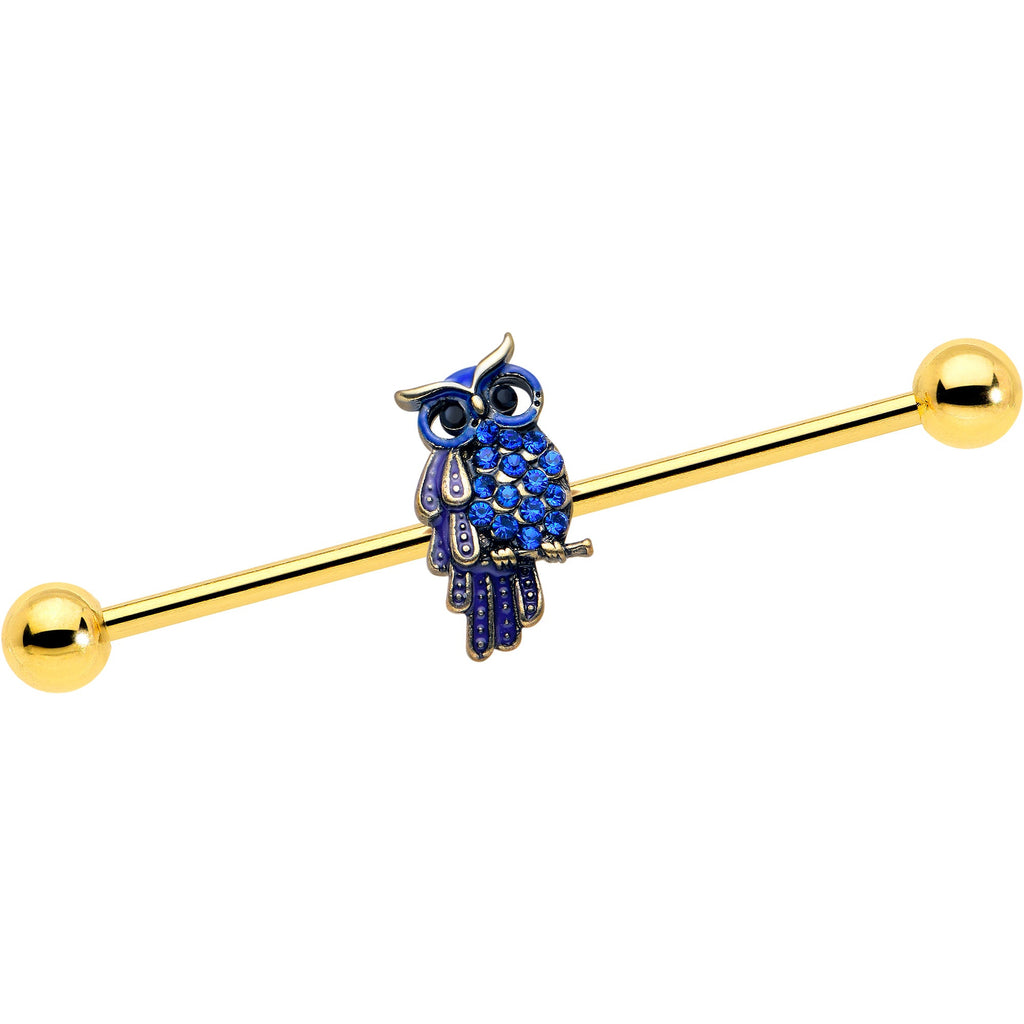 BodyCandy 14G Blue Gem Gold Tone Sky Owl Industrial Barbell 38mm — main product shot
