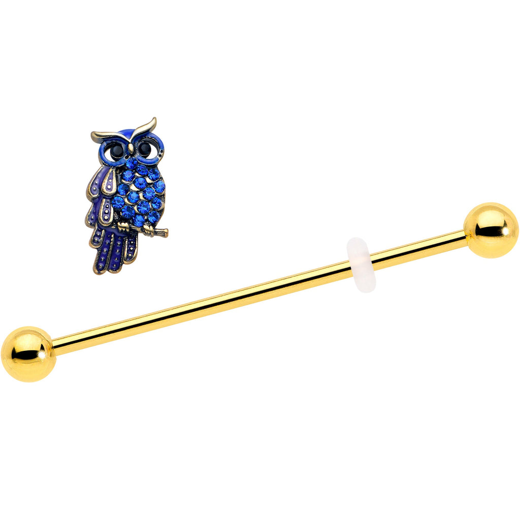 BodyCandy 14G Blue Gem Gold Tone Sky Owl Industrial Barbell 38mm — detail close-up
