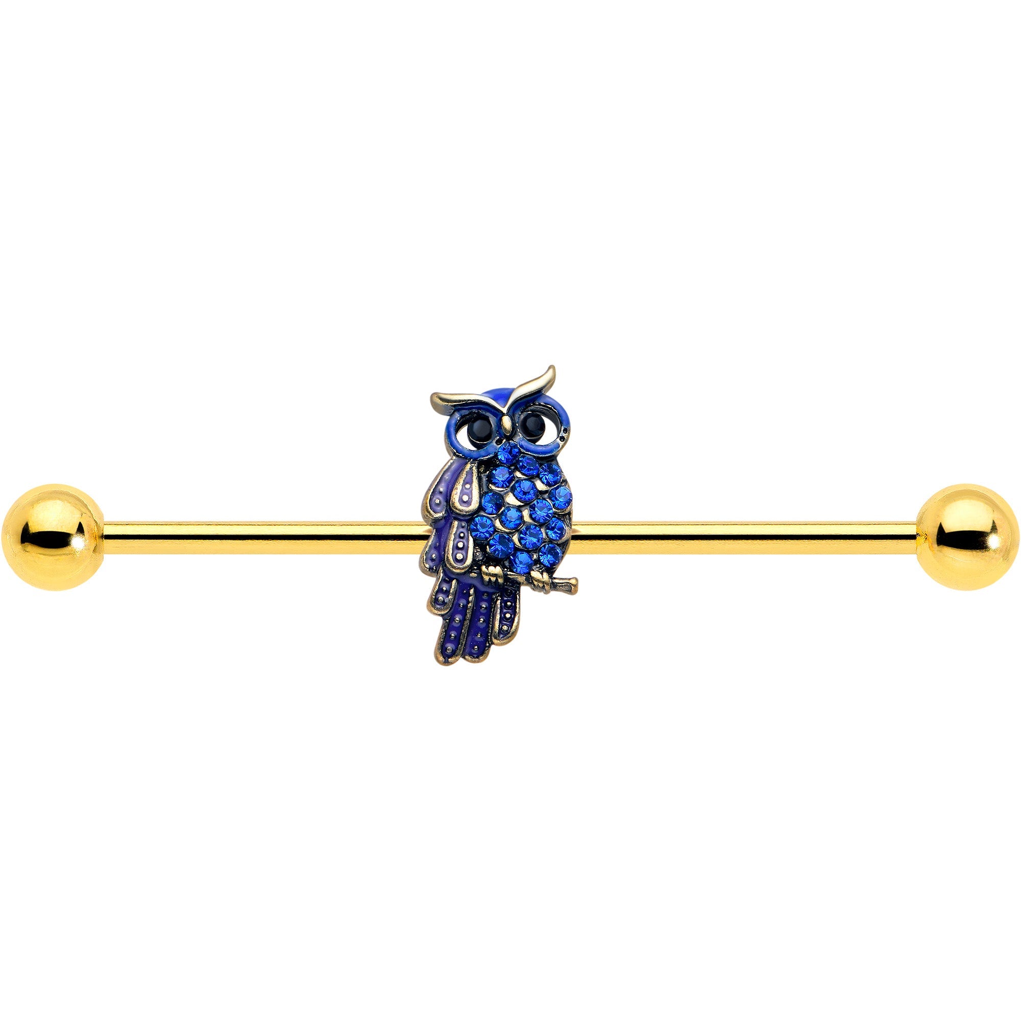BodyCandy 14G Blue Gem Gold Tone Sky Owl Industrial Barbell 38mm — lifestyle context