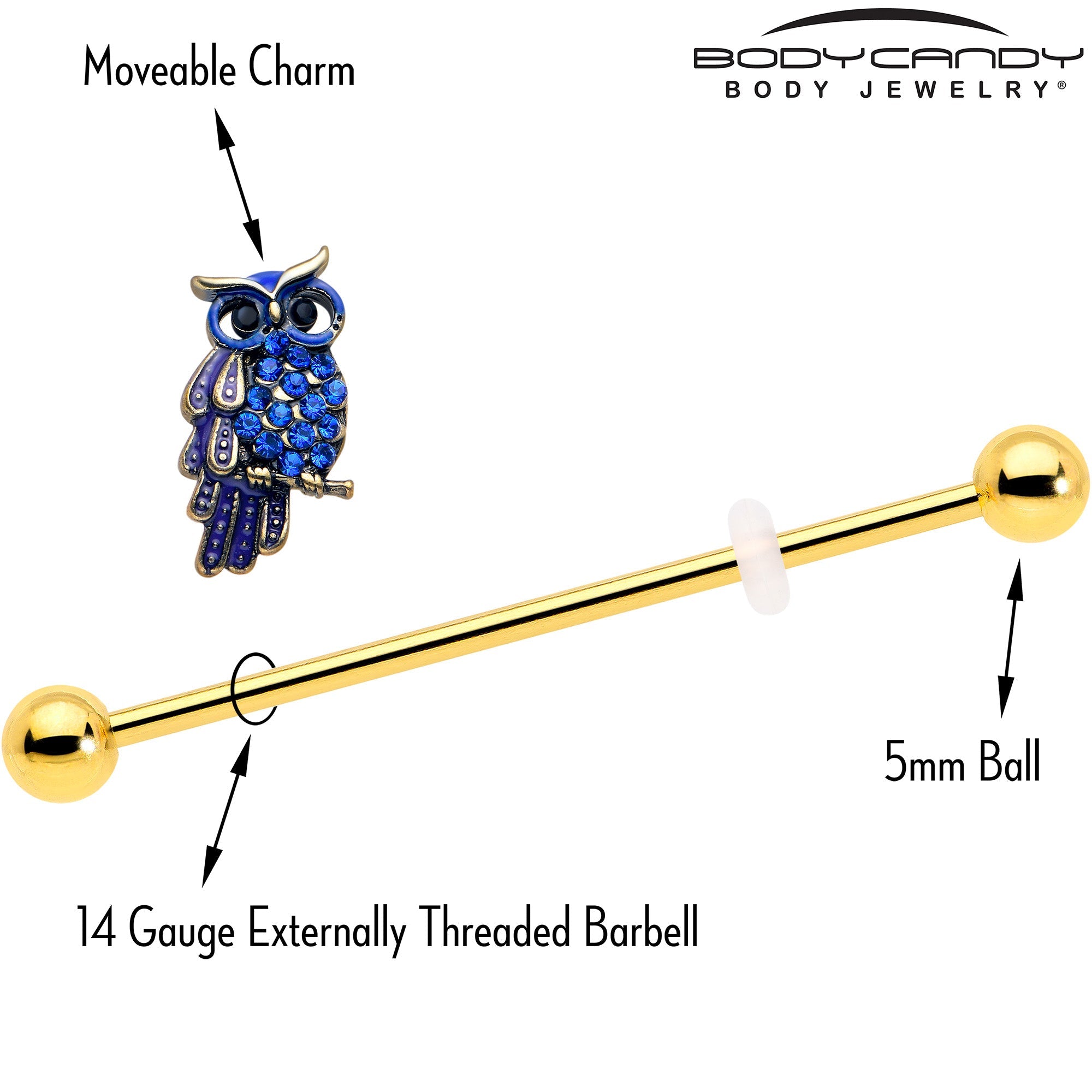 BodyCandy 14G Blue Gem Gold Tone Sky Owl Industrial Barbell 38mm — side view