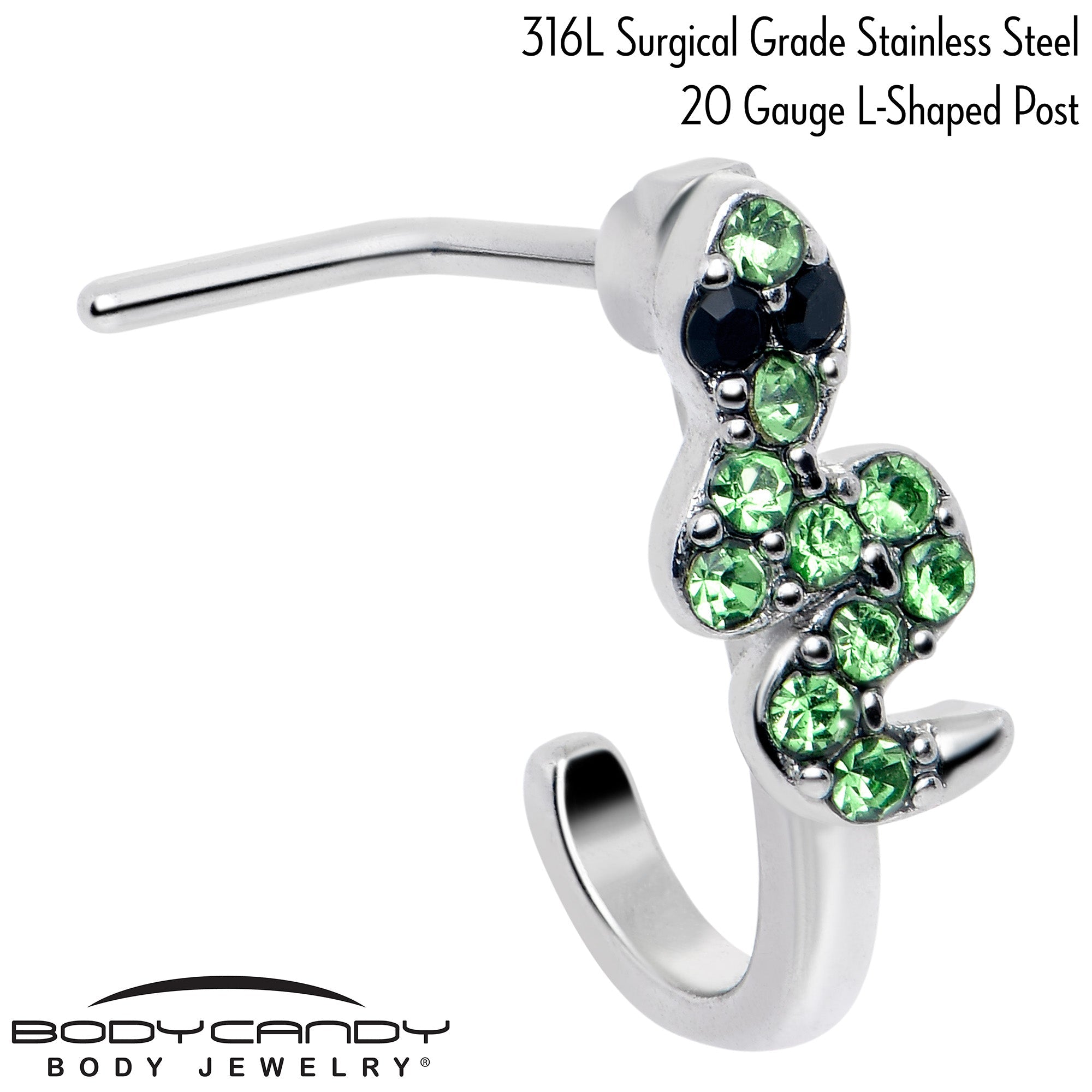BodyCandy 20G 7mm Green Gem Snake Sweetie Faux Hoop L Shape Nose Ring — detail close-up