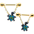 BodyCandy 14G 9/16 Blue Gem Gold Hue Sweet Sea Turtle Dangle Nipple Ring Set — main product shot