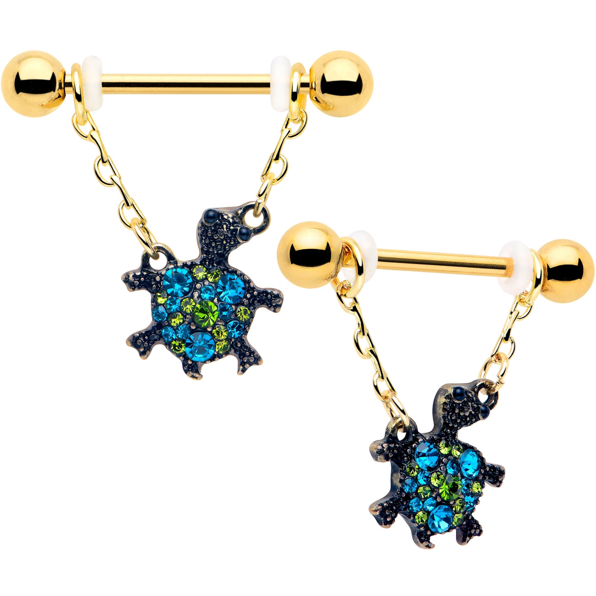 BodyCandy 14G 9/16 Blue Gem Gold Hue Sweet Sea Turtle Dangle Nipple Ring Set — main product shot