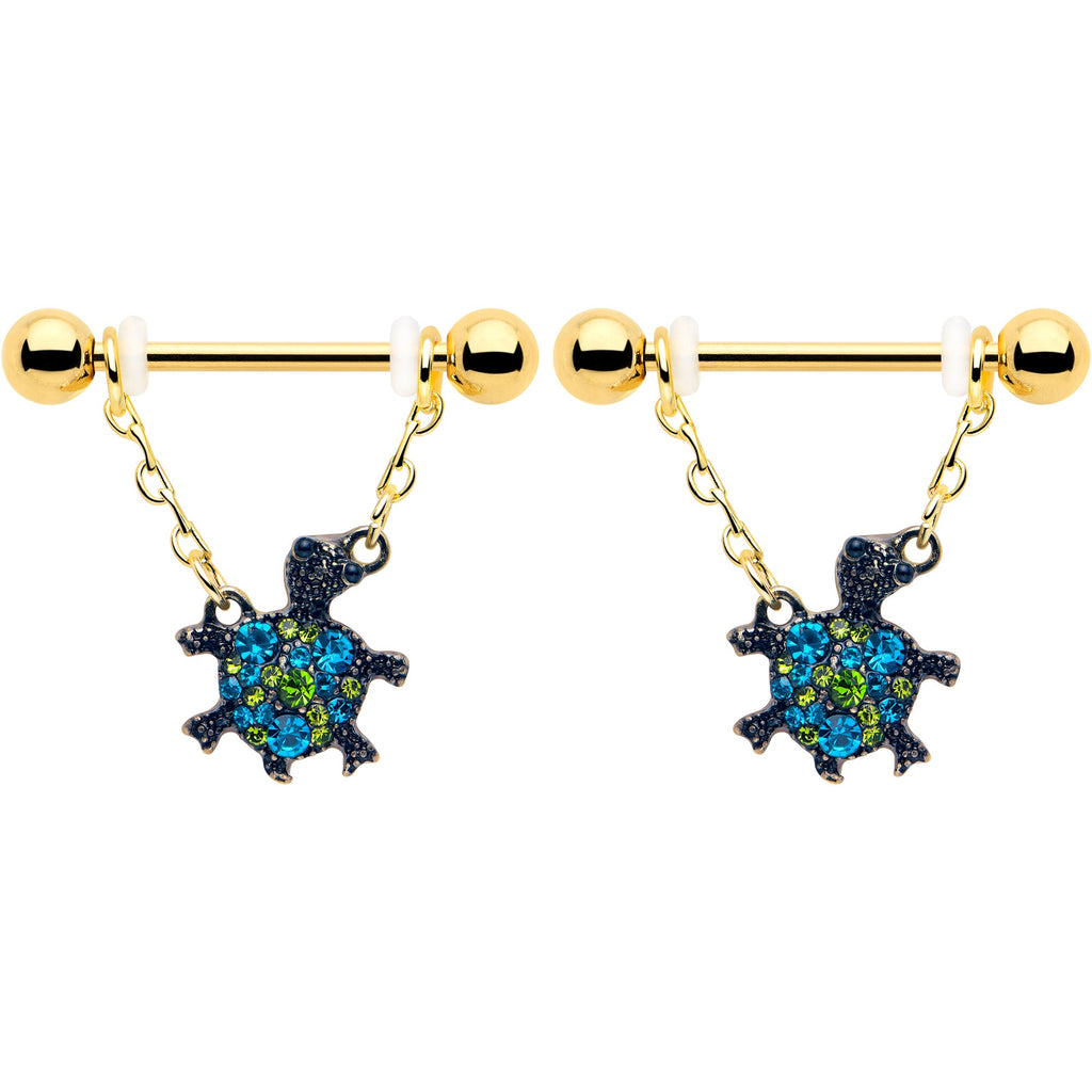 BodyCandy 14G 9/16 Blue Gem Gold Hue Sweet Sea Turtle Dangle Nipple Ring Set — detail close-up