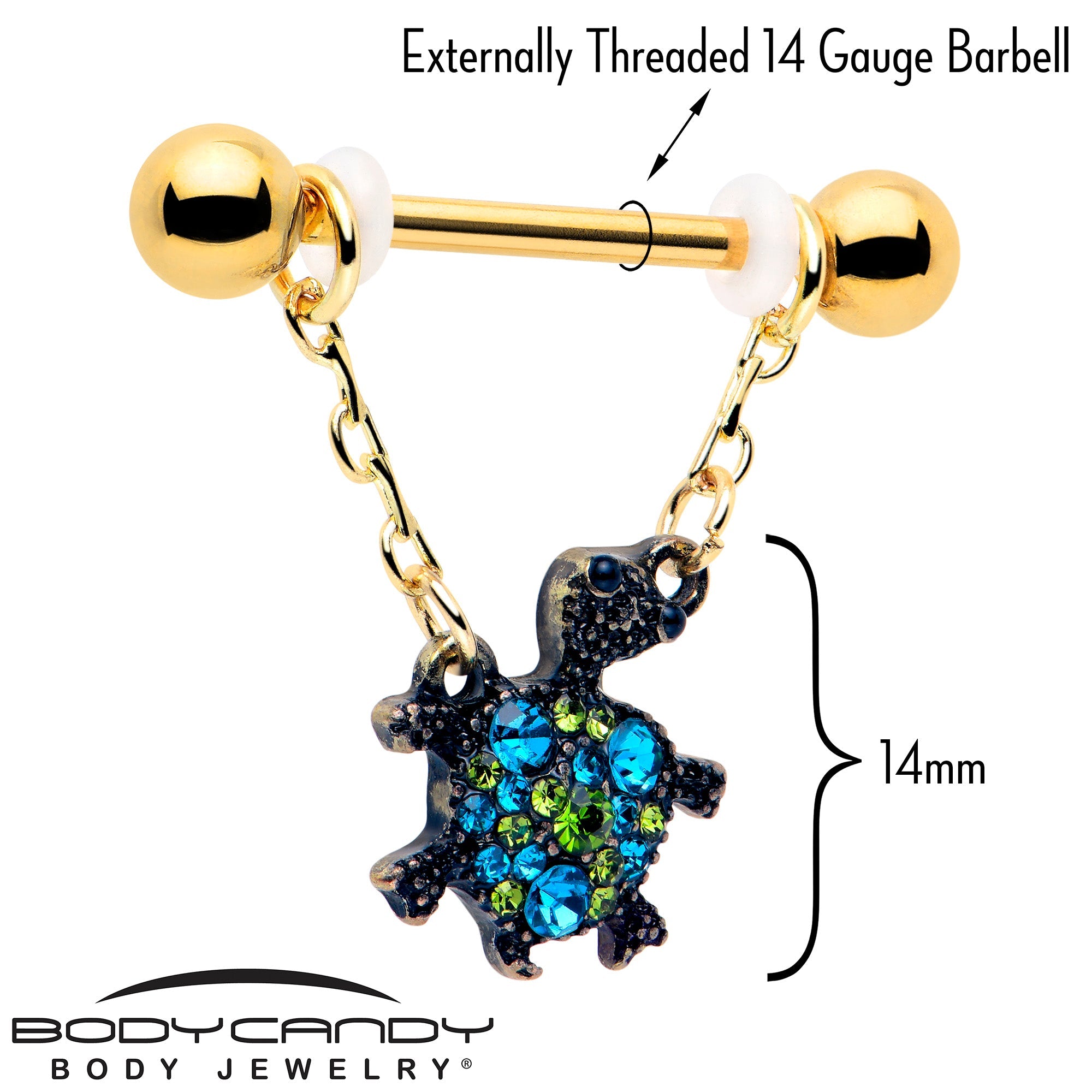 BodyCandy 14G 9/16 Blue Gem Gold Hue Sweet Sea Turtle Dangle Nipple Ring Set — lifestyle context