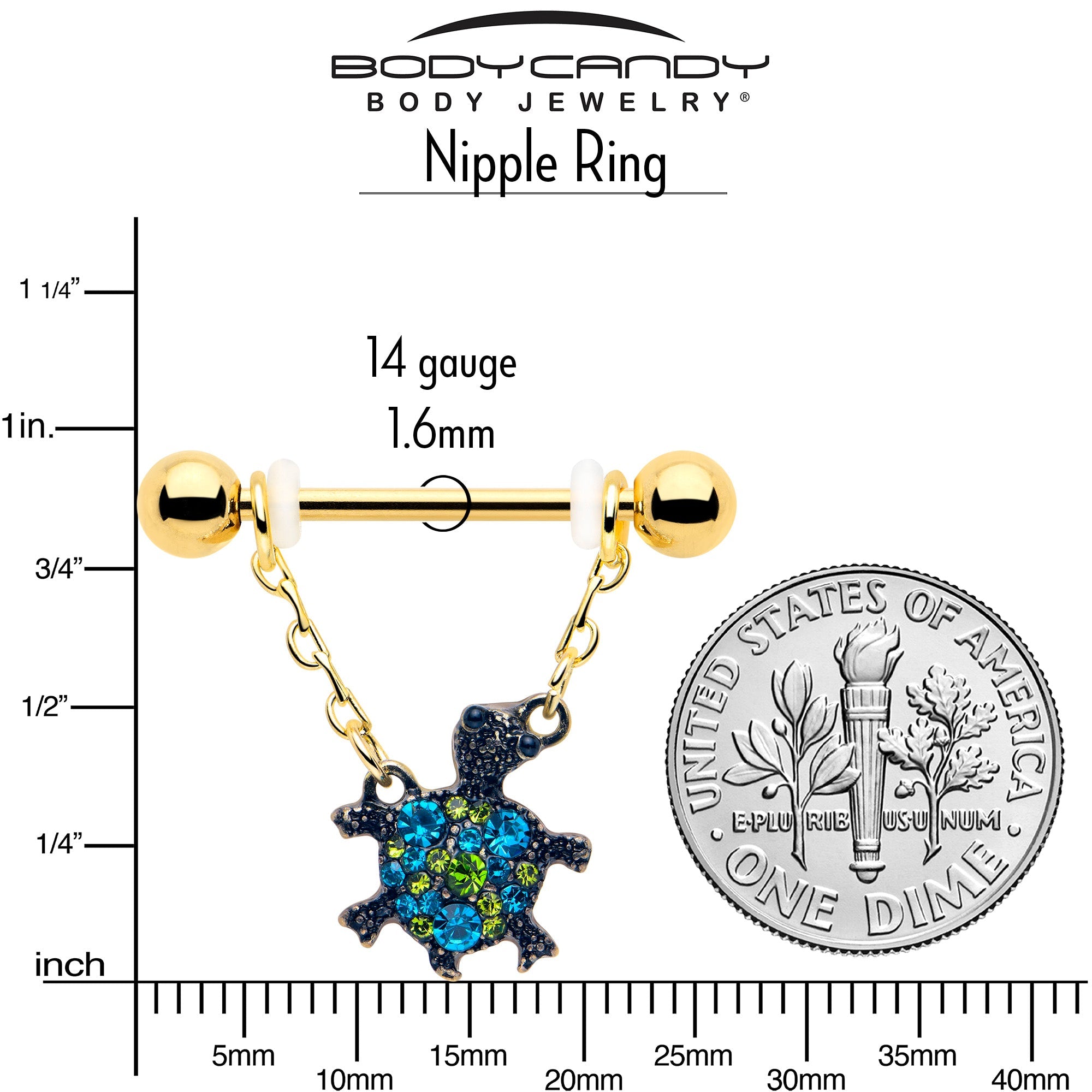 BodyCandy 14G 9/16 Blue Gem Gold Hue Sweet Sea Turtle Dangle Nipple Ring Set — side view