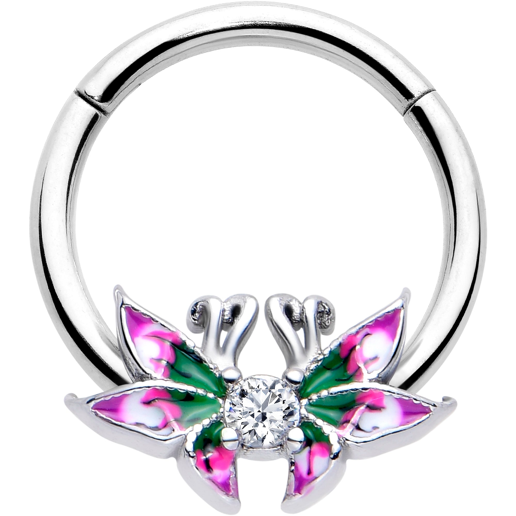 BodyCandy 16G 3/8 Clear CZ Gem Profile Butterflies Hinged Segment Ring — main product shot