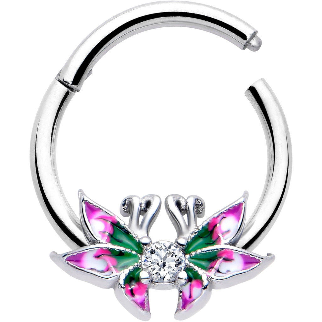 BodyCandy 16G 3/8 Clear CZ Gem Profile Butterflies Hinged Segment Ring — detail close-up