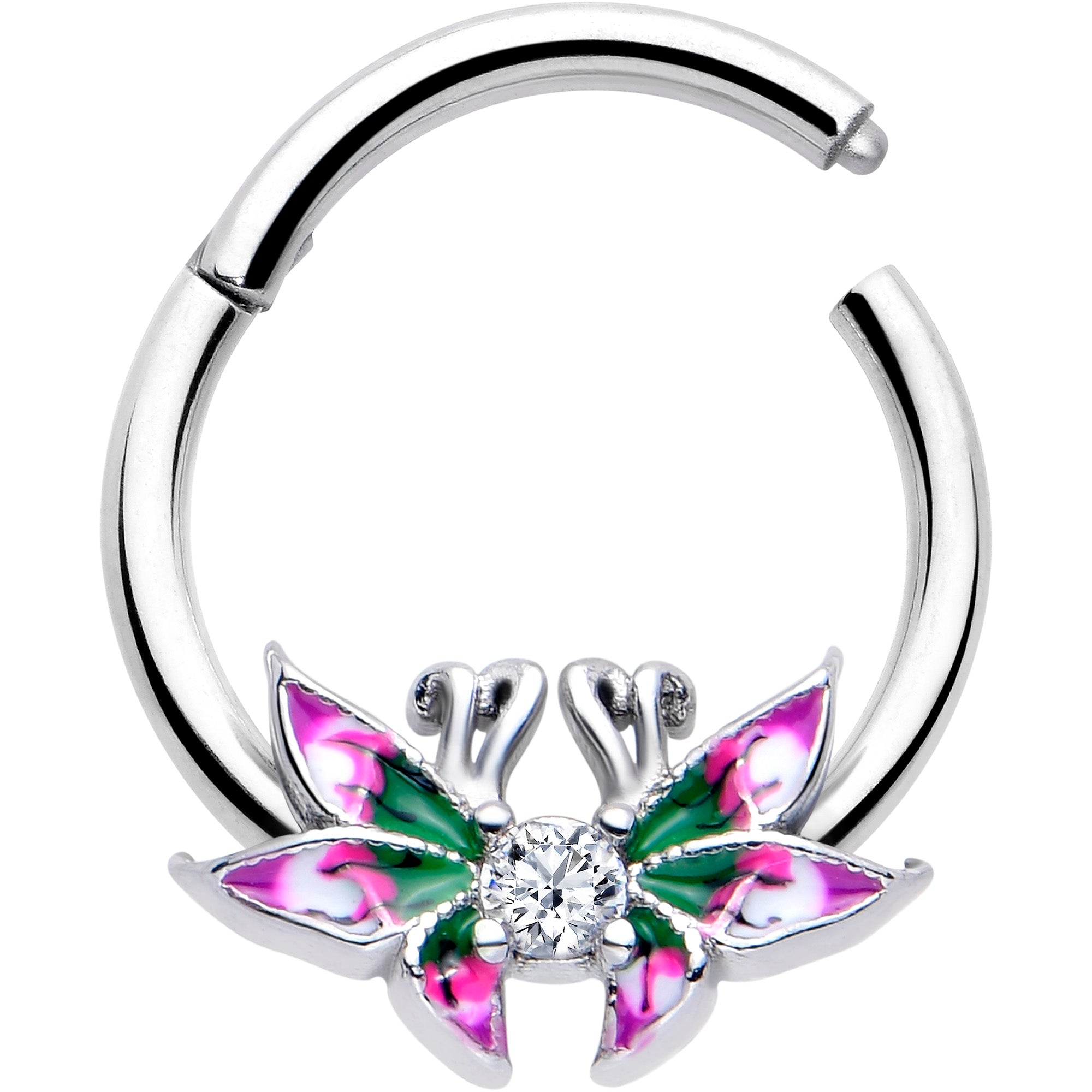 BodyCandy 16G 3/8 Clear CZ Gem Profile Butterflies Hinged Segment Ring — detail close-up