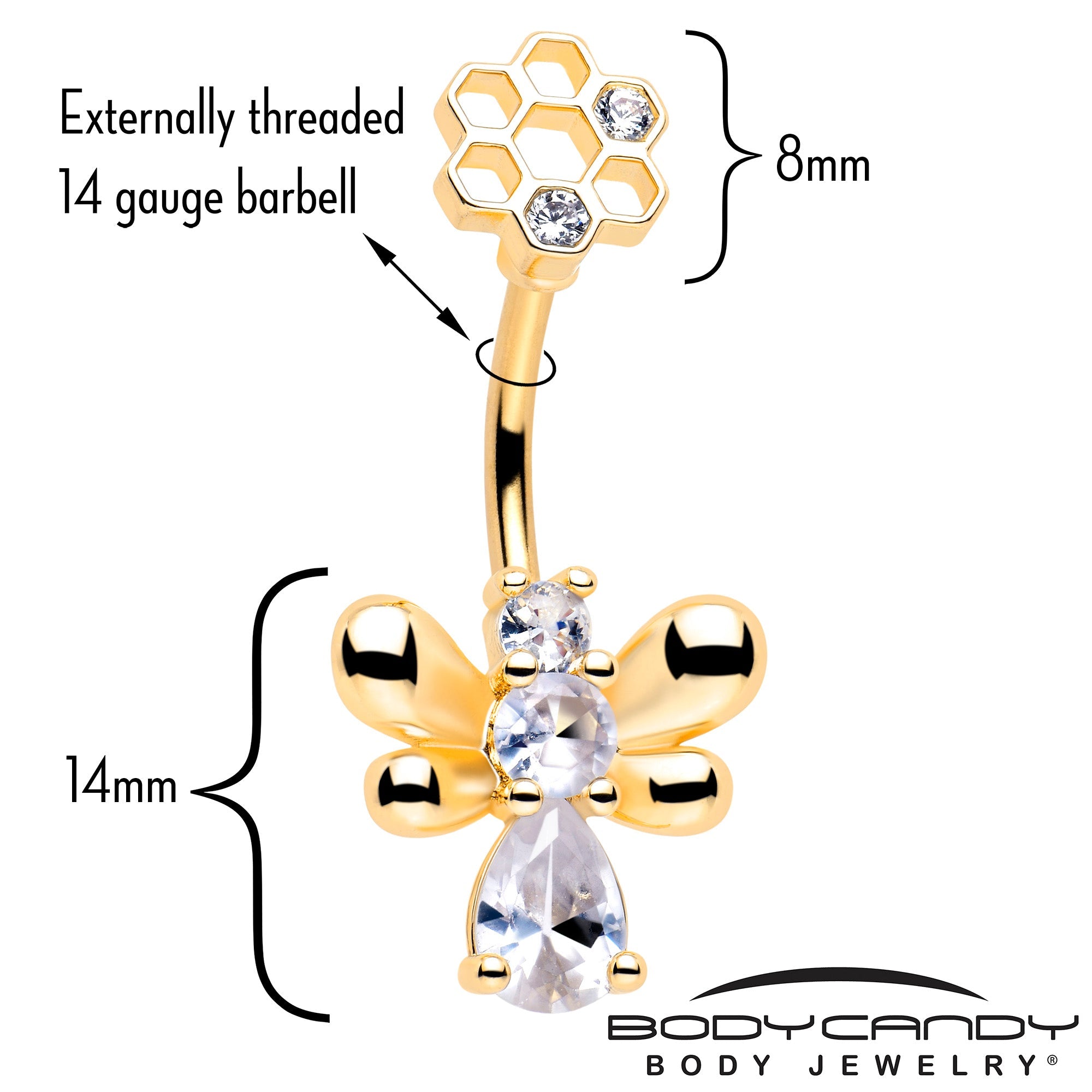 BodyCandy Clear CZ Gem Gold Tone Bee Hive Luv Double Mount Belly Ring — detail close-up