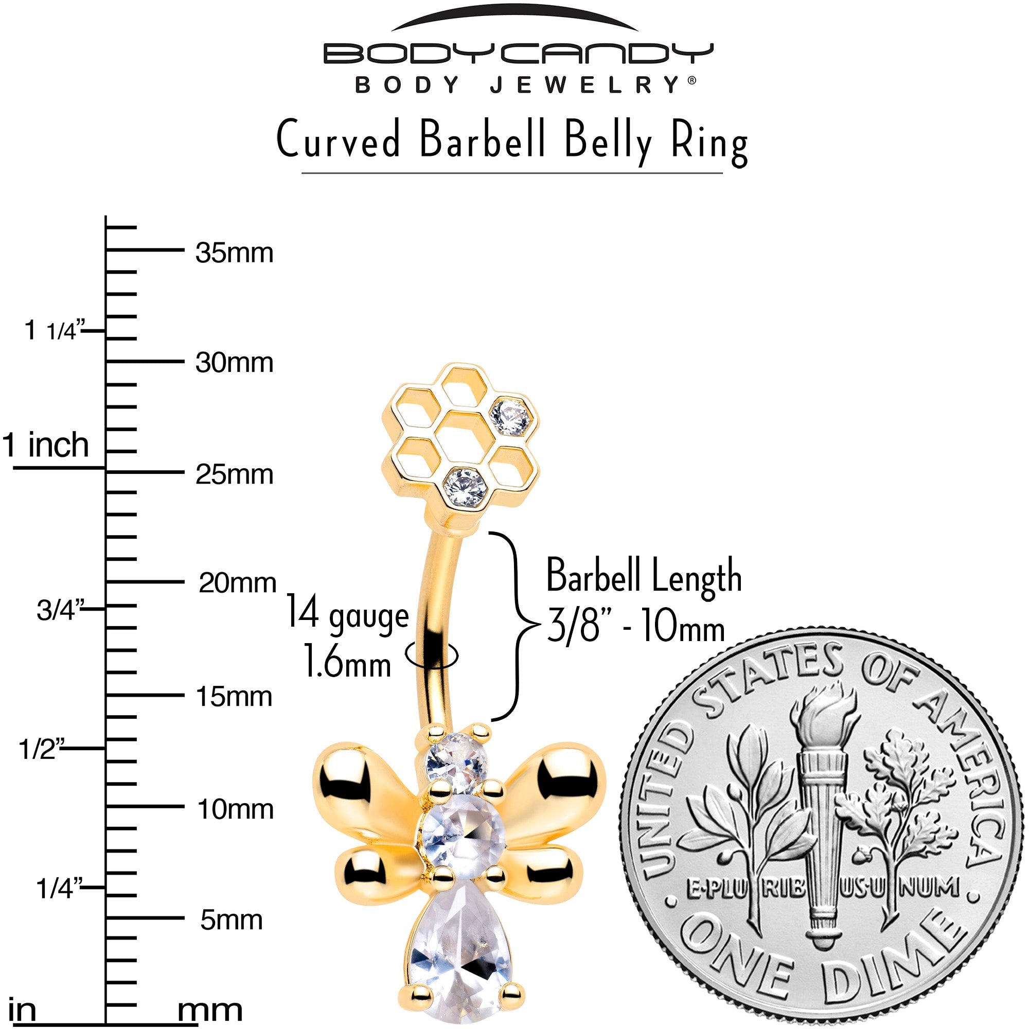 BodyCandy Clear CZ Gem Gold Tone Bee Hive Luv Double Mount Belly Ring — lifestyle context