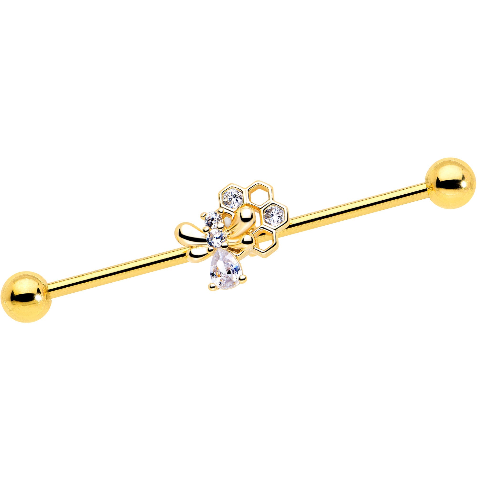BodyCandy 14G Clear CZ Gem Gold Tone Bee Hive Luv Industrial Barbell 38mm — main product shot