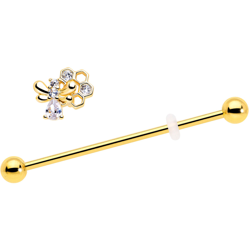 BodyCandy 14G Clear CZ Gem Gold Tone Bee Hive Luv Industrial Barbell 38mm — detail close-up