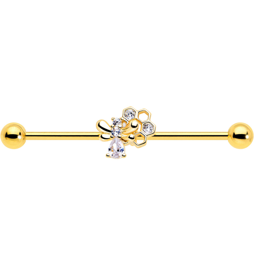 BodyCandy 14G Clear CZ Gem Gold Tone Bee Hive Luv Industrial Barbell 38mm — lifestyle context