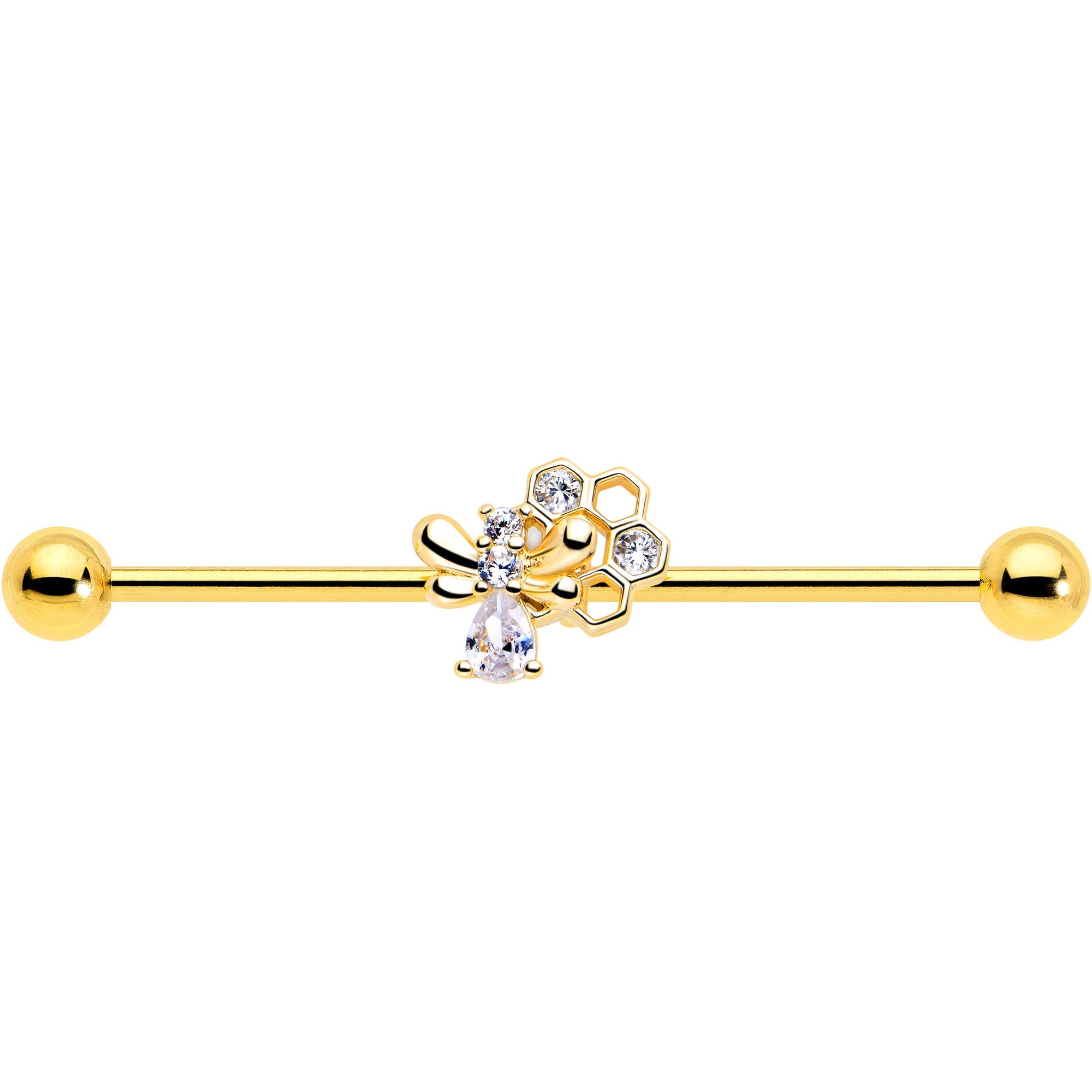 BodyCandy 14G Clear CZ Gem Gold Tone Bee Hive Luv Industrial Barbell 38mm — lifestyle context