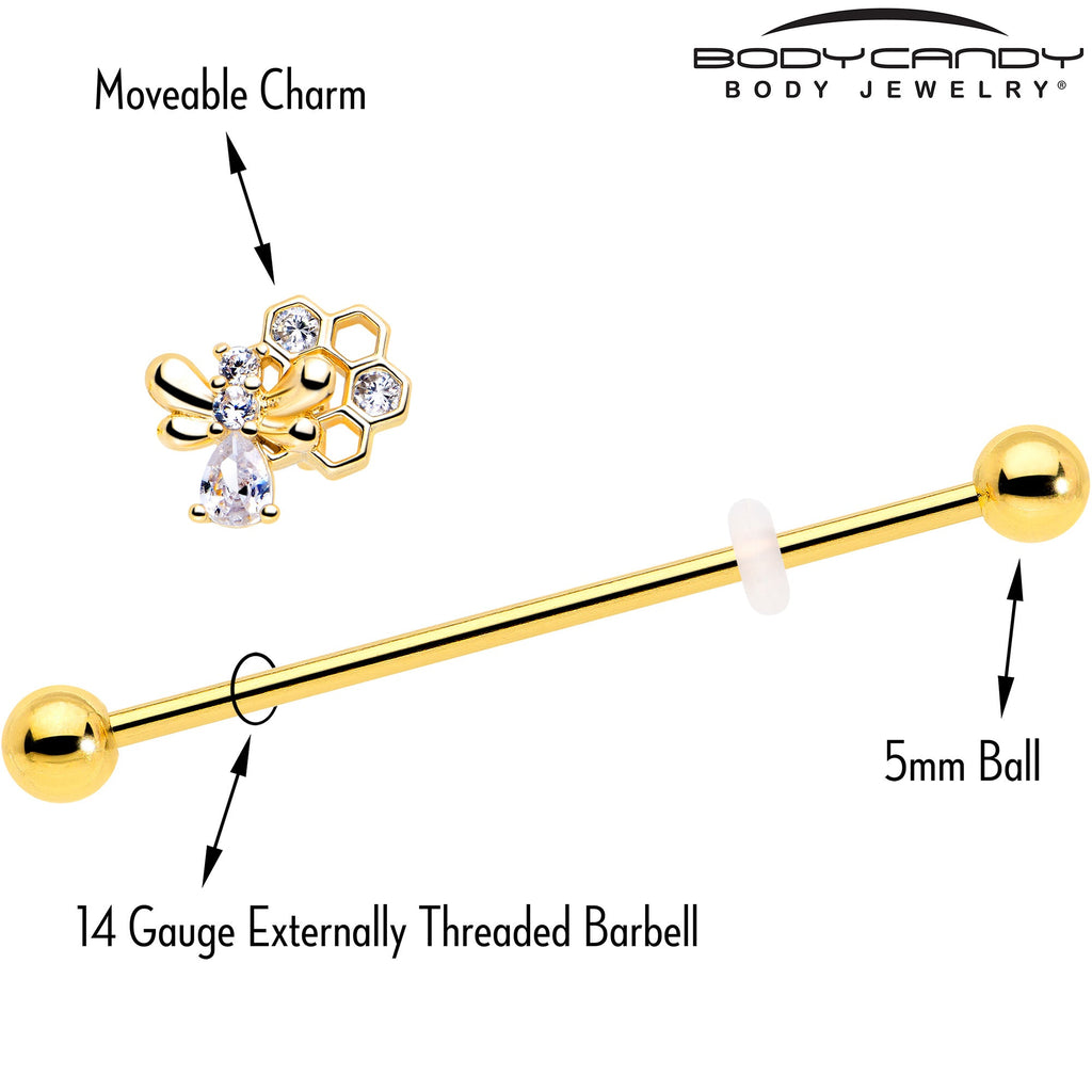 BodyCandy 14G Clear CZ Gem Gold Tone Bee Hive Luv Industrial Barbell 38mm — side view