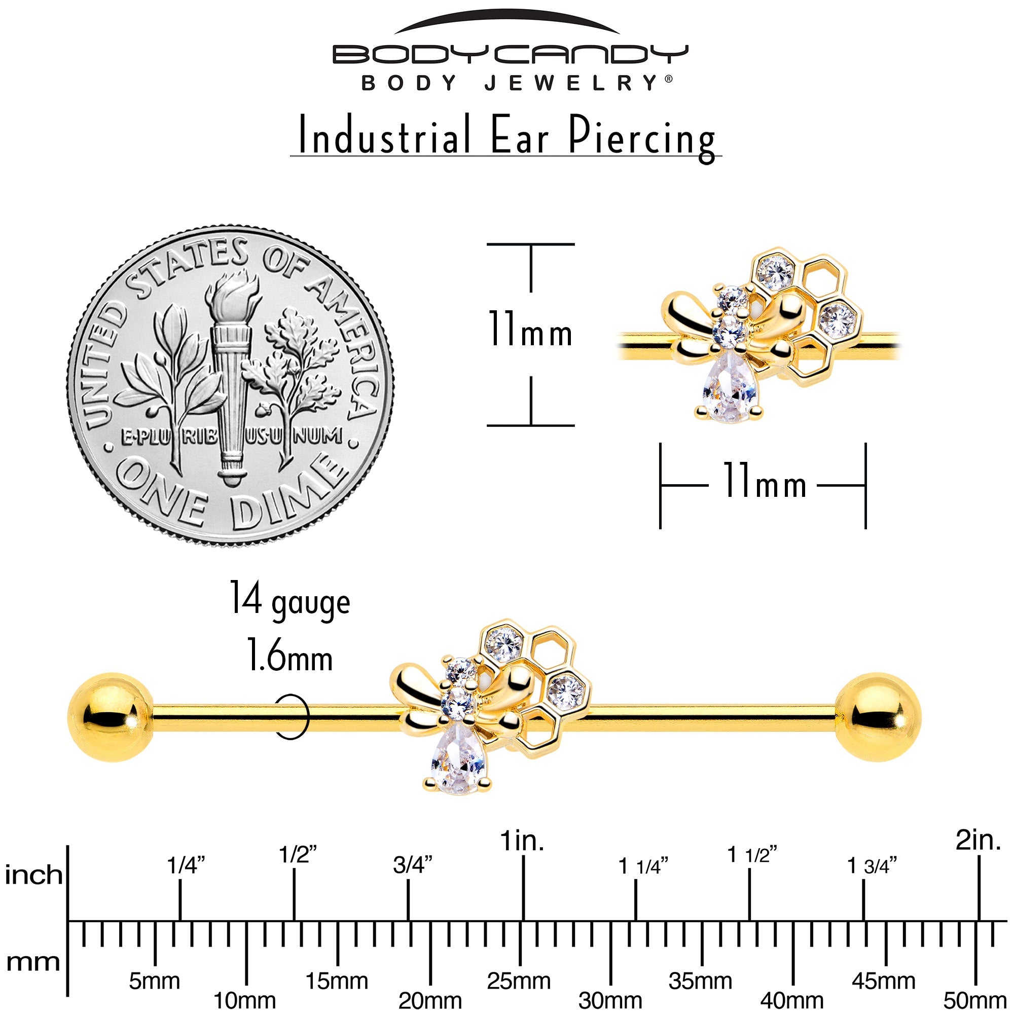 BodyCandy 14G Clear CZ Gem Gold Tone Bee Hive Luv Industrial Barbell 38mm — back view