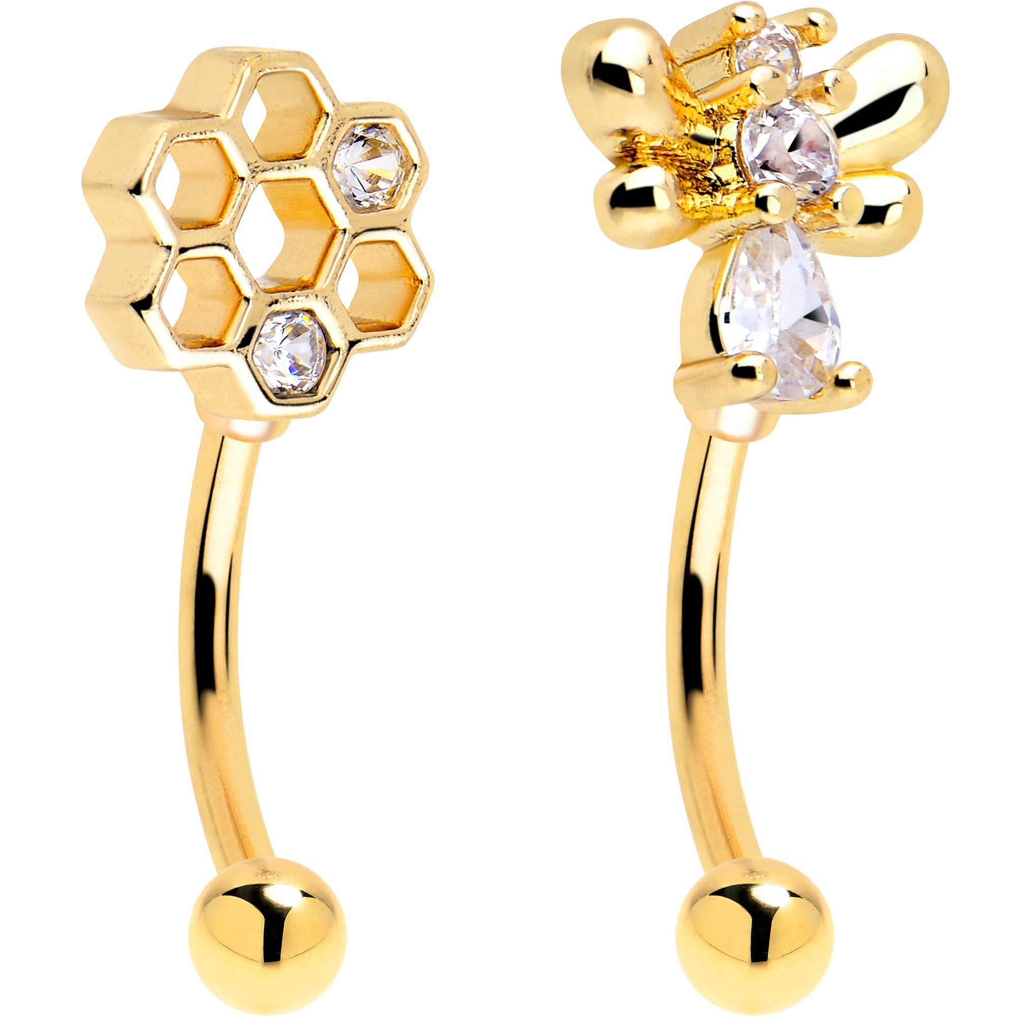 BodyCandy 16G 5/16 Clear CZ Gold Tone Bee Hive Luv Curved Eyebrow Ring Set of 2 — main product shot