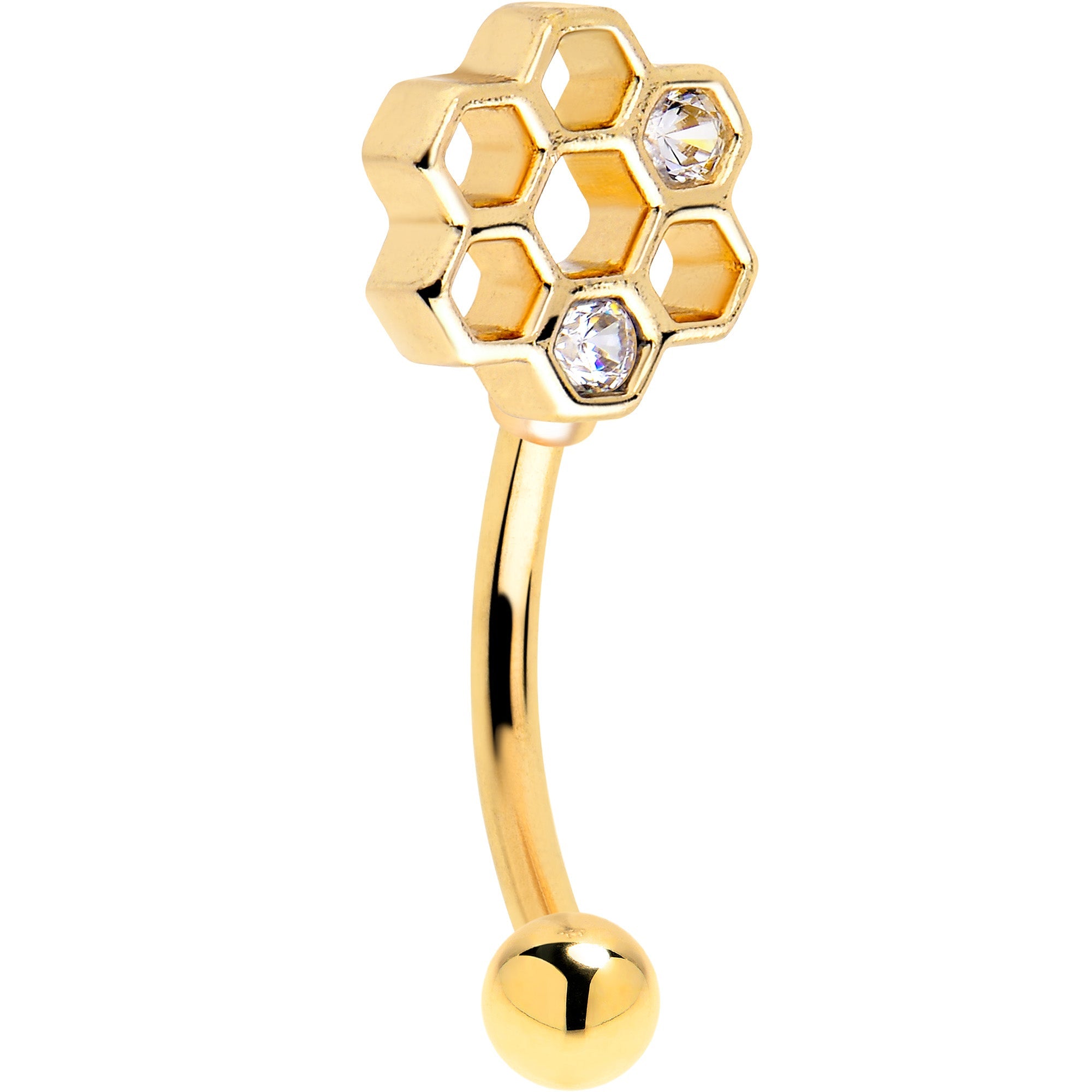 BodyCandy 16G 5/16 Clear CZ Gold Tone Bee Hive Luv Curved Eyebrow Ring Set of 2 — detail close-up