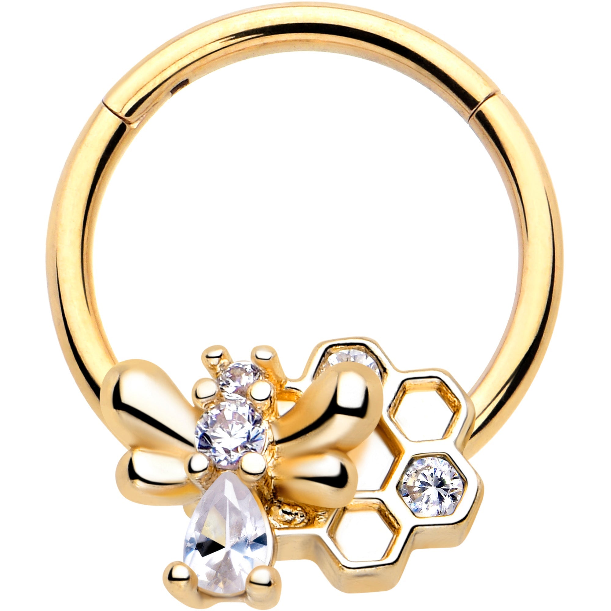 BodyCandy 16G 3/8 Clear CZ Gem Gold Tone Bee Hive Luv Hinged Segment Ring — main product shot
