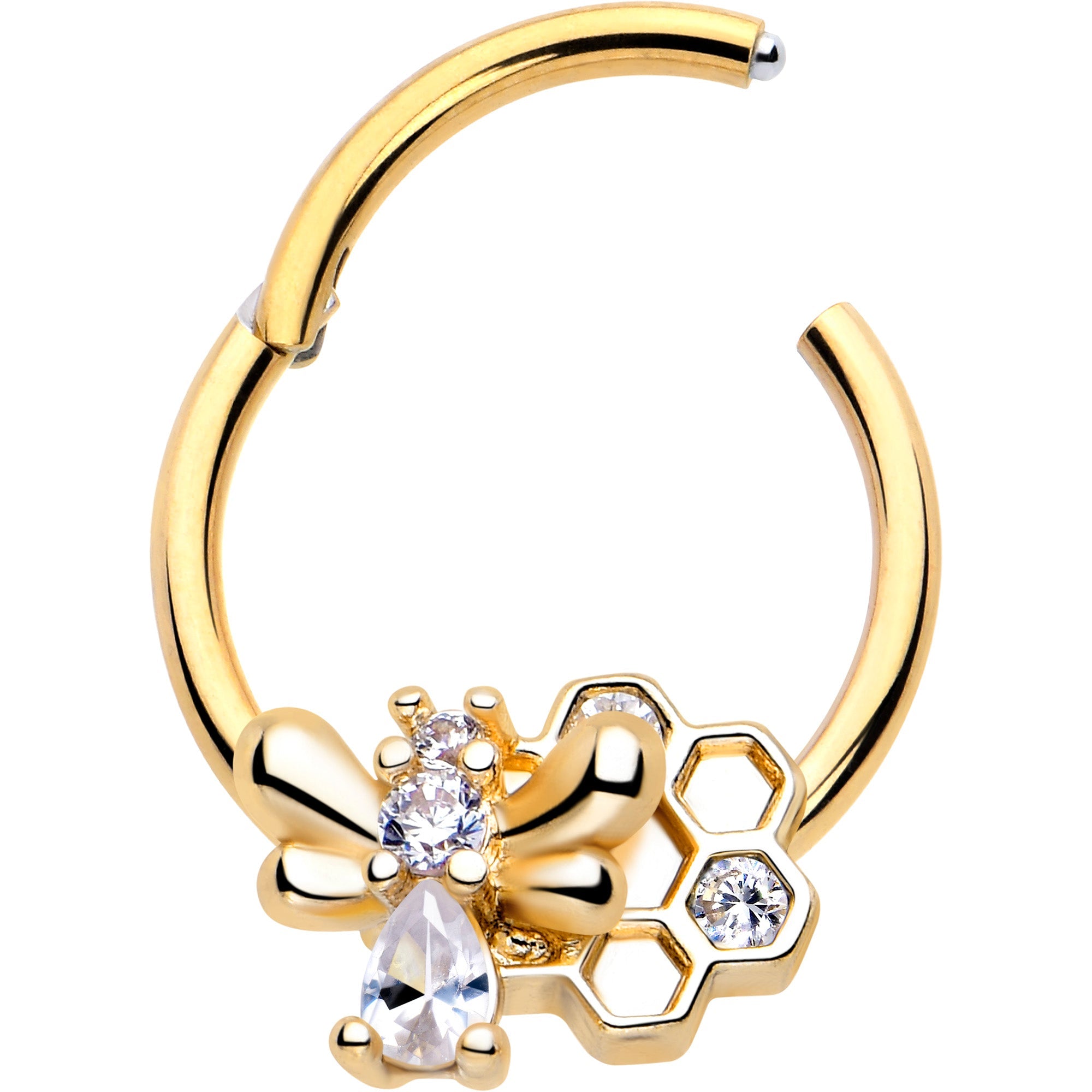 BodyCandy 16G 3/8 Clear CZ Gem Gold Tone Bee Hive Luv Hinged Segment Ring — detail close-up