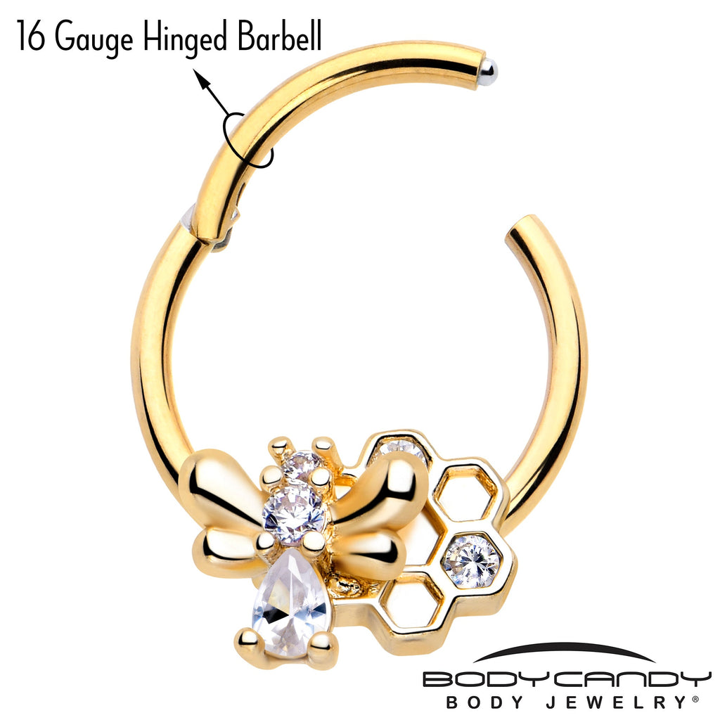 BodyCandy 16G 3/8 Clear CZ Gem Gold Tone Bee Hive Luv Hinged Segment Ring — lifestyle context