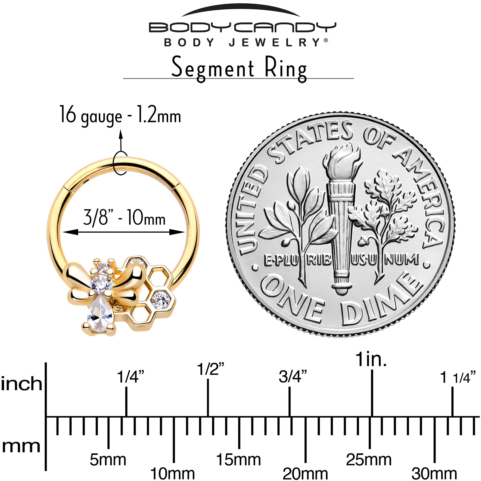 BodyCandy 16G 3/8 Clear CZ Gem Gold Tone Bee Hive Luv Hinged Segment Ring — side view