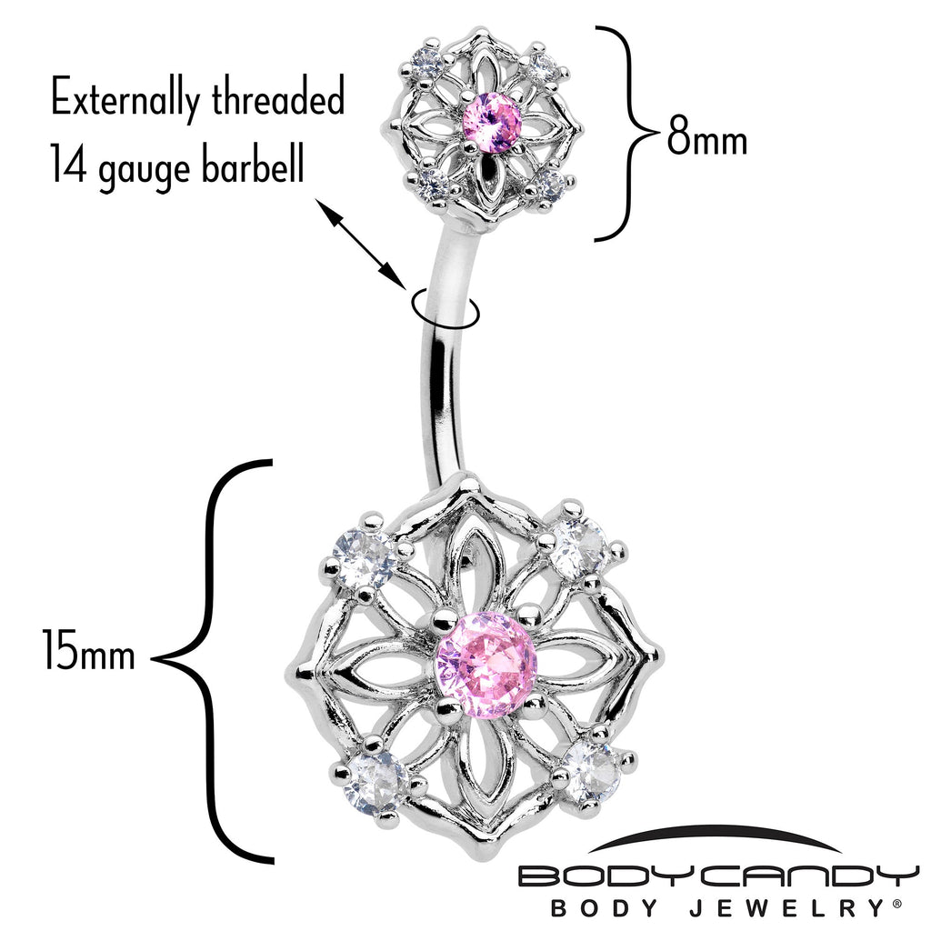 BodyCandy Pink CZ Gem Flower Circle Double Mount Belly Ring — detail close-up